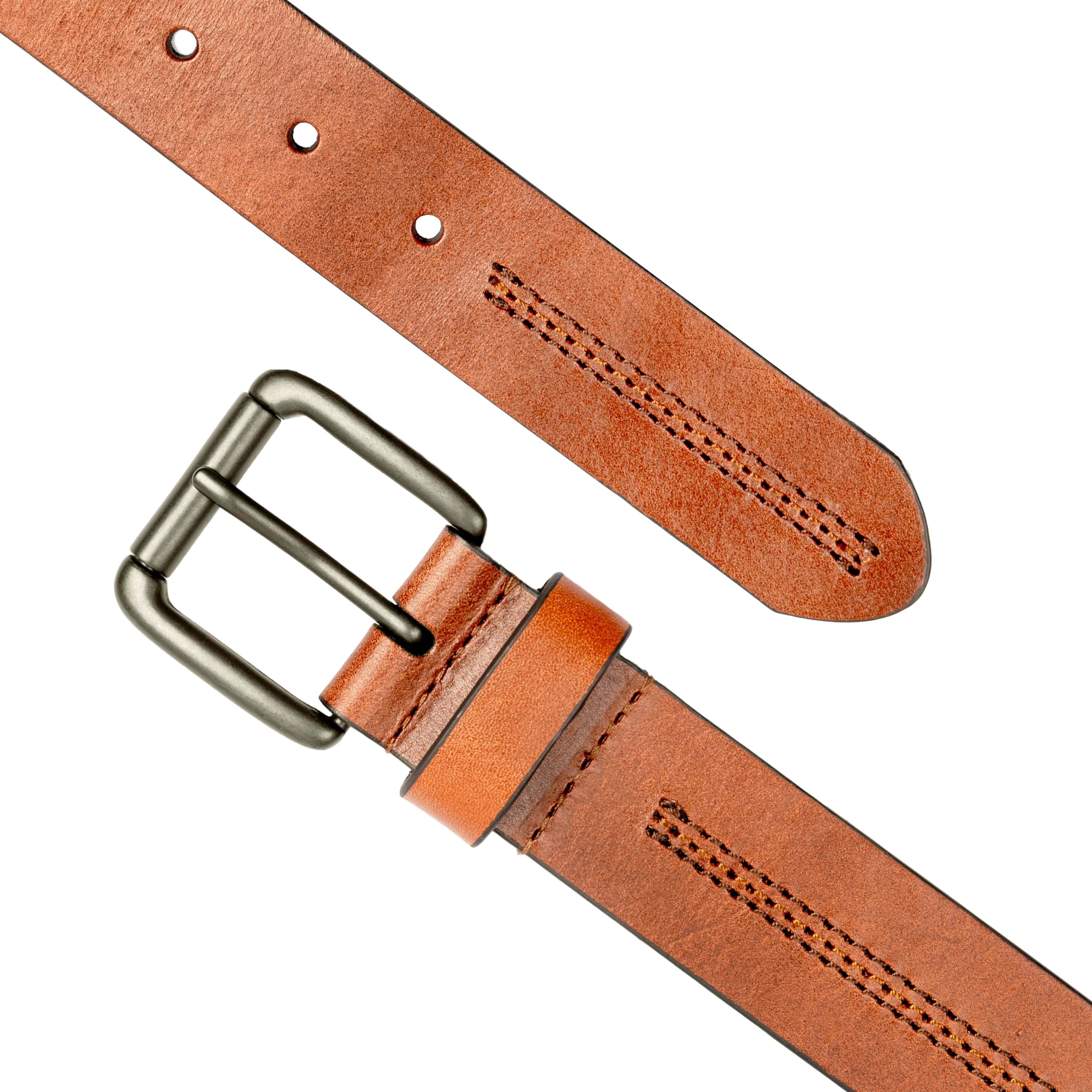 Men's Lined Full-Grain Leather Belt with Gunmetal Buckle and Stitch Detail - Image 5