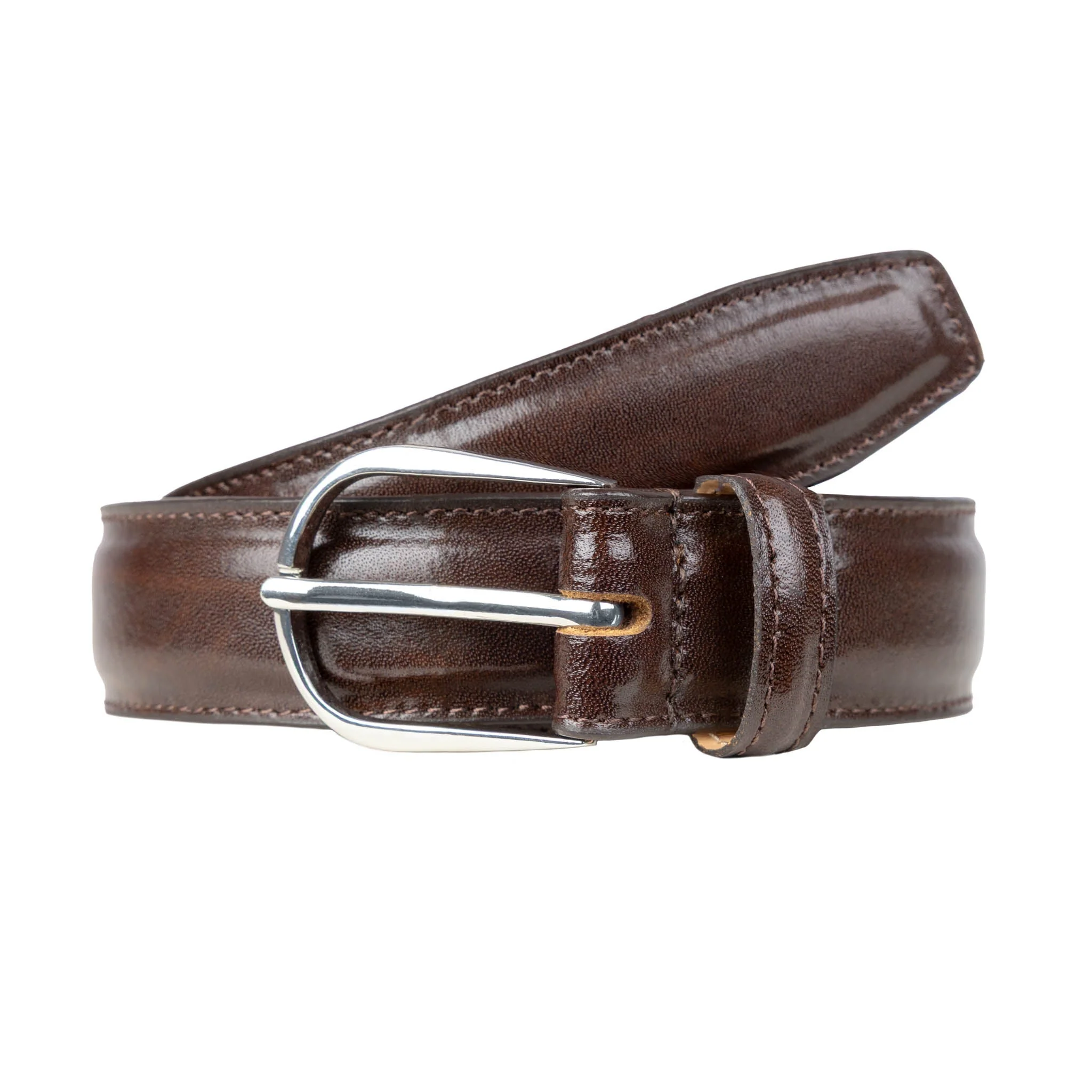 Men’s Heritage Lined Leather Belt with Shiny Silver Buckle and Stitched Edge - Image 4