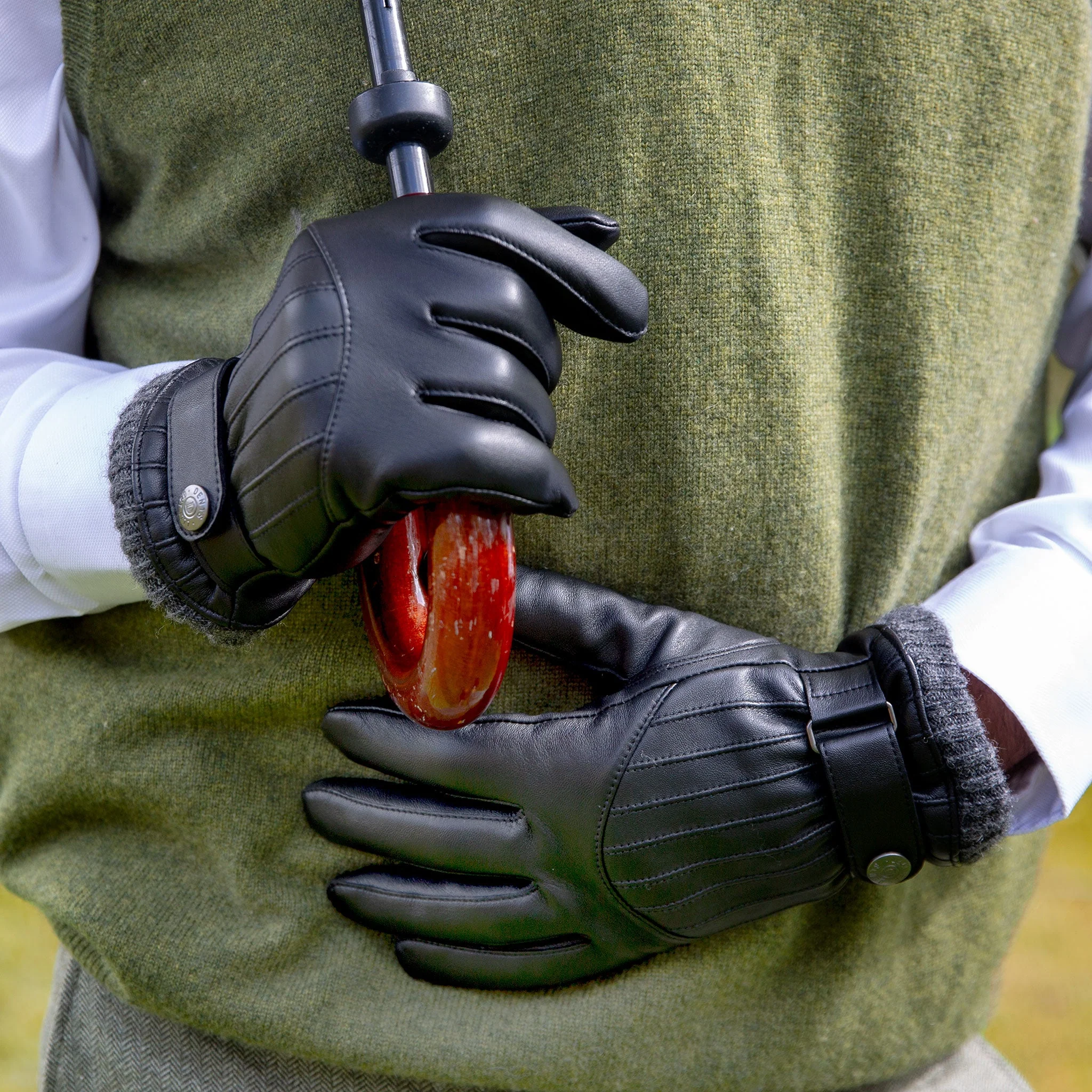 Men’s Touchscreen Wool Blend-Lined Leather Gloves with Vertical Stitch Design and Knitted Cuffs - Image 3