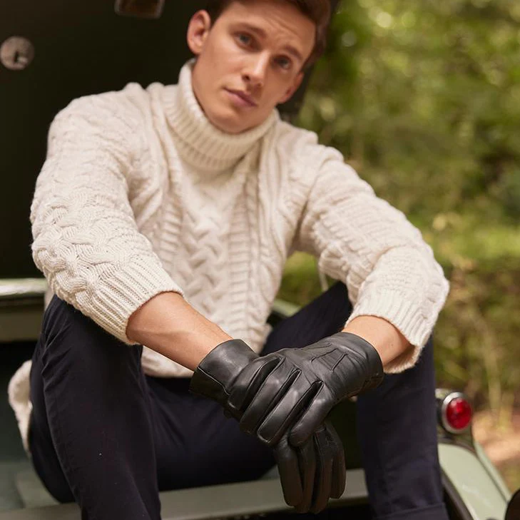 Men's Three-Point Cashmere-Lined Leather Gloves - Image 2