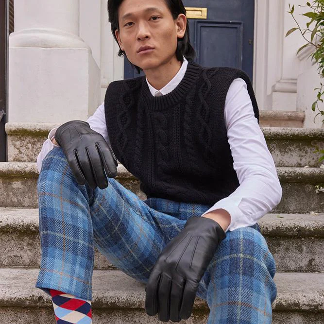 Men's Three-Point Cashmere-Lined Shorter-Finger Leather Gloves - Image 2