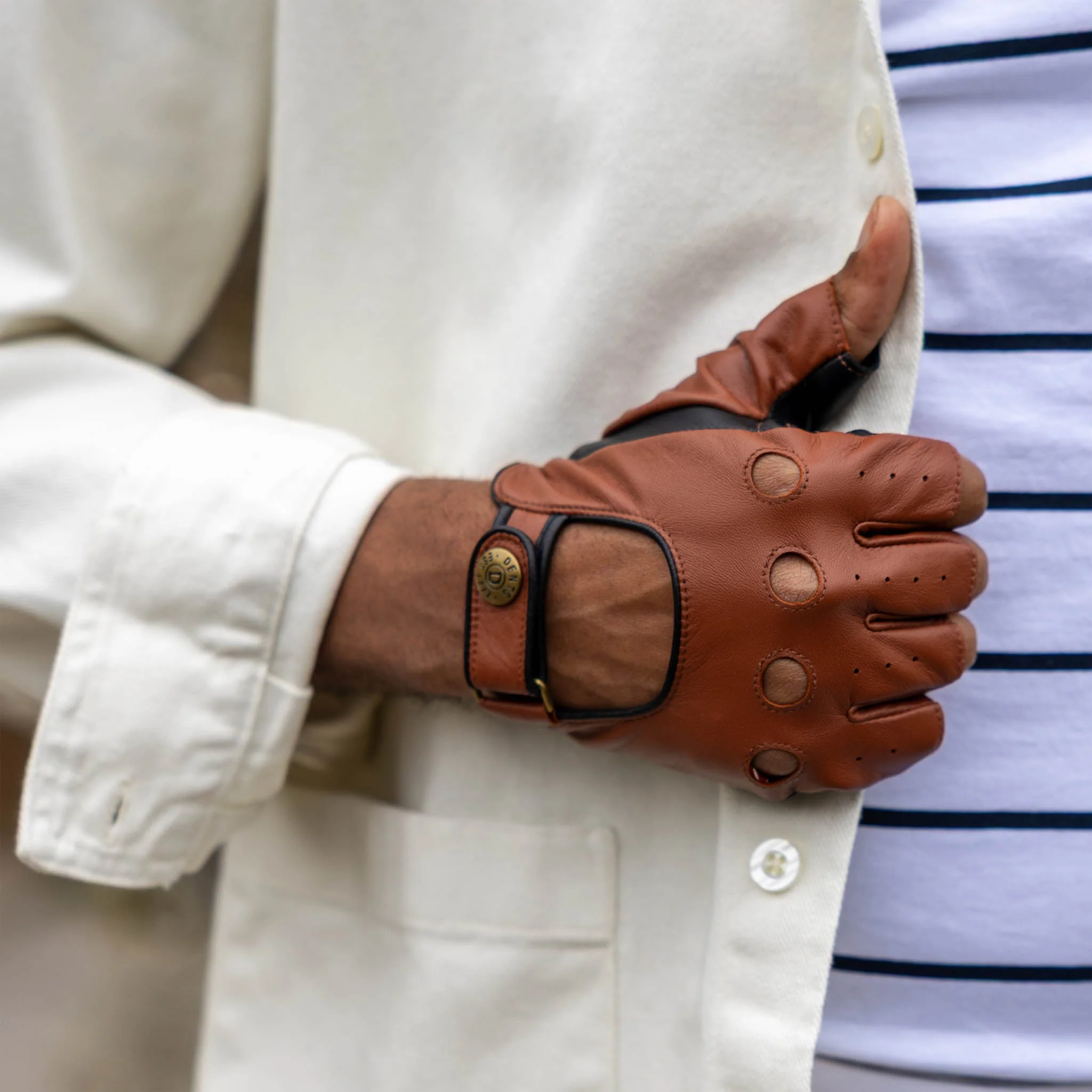 Men's Fingerless Water-Resistant Two-Colour Leather Driving Gloves - Image 3