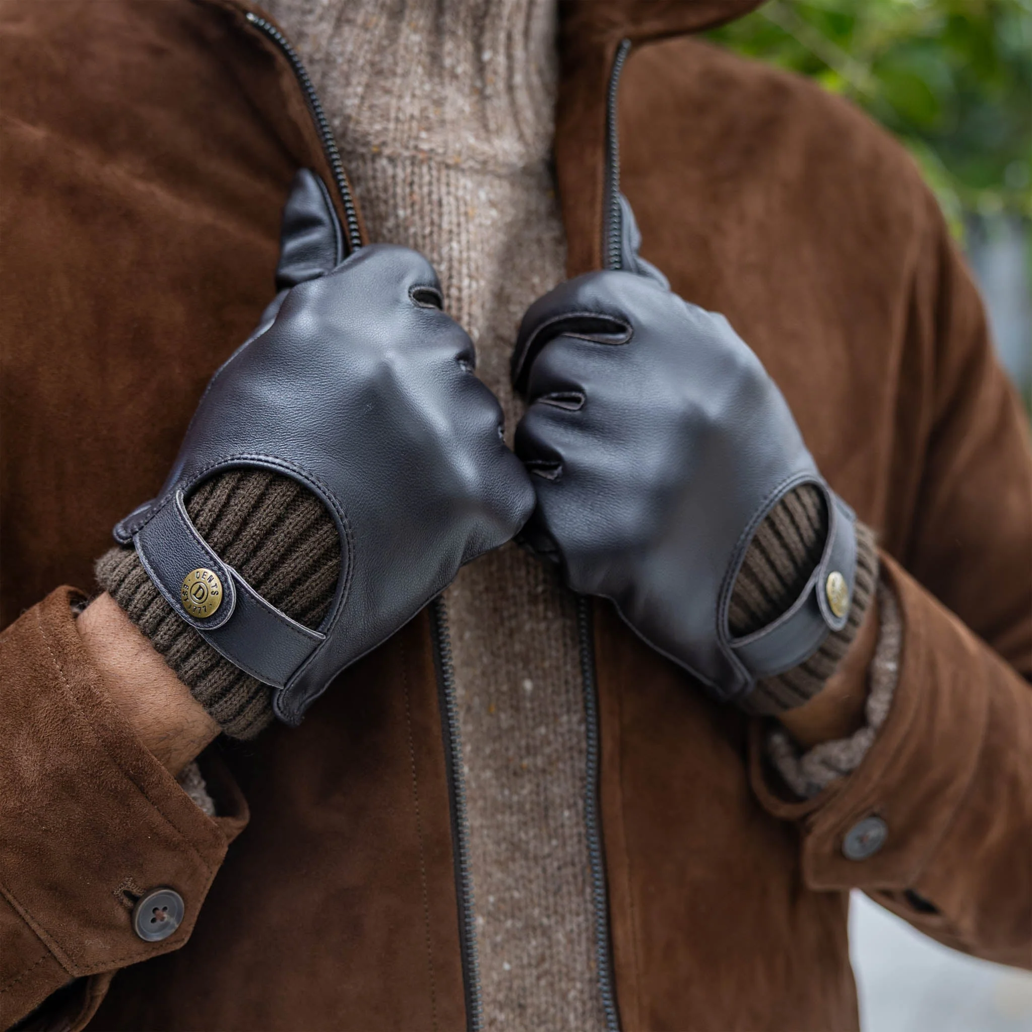 Men's Touchscreen Lined Leather Gloves with Knitted Cuffs - Image 5