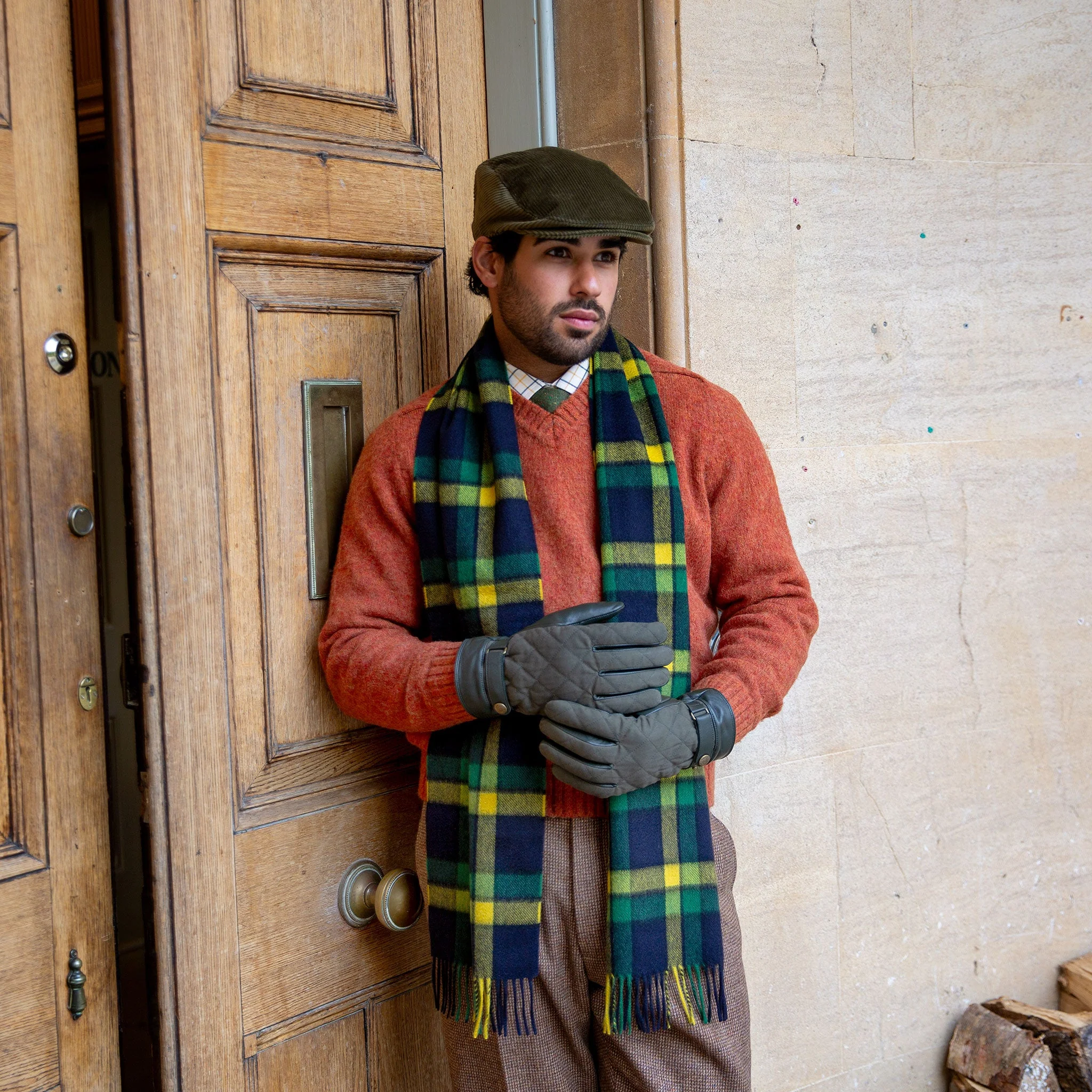 Men's Touchscreen Water-Resistant Fleece-Lined Leather Gloves with Waxed Cotton Quilting - Image 2