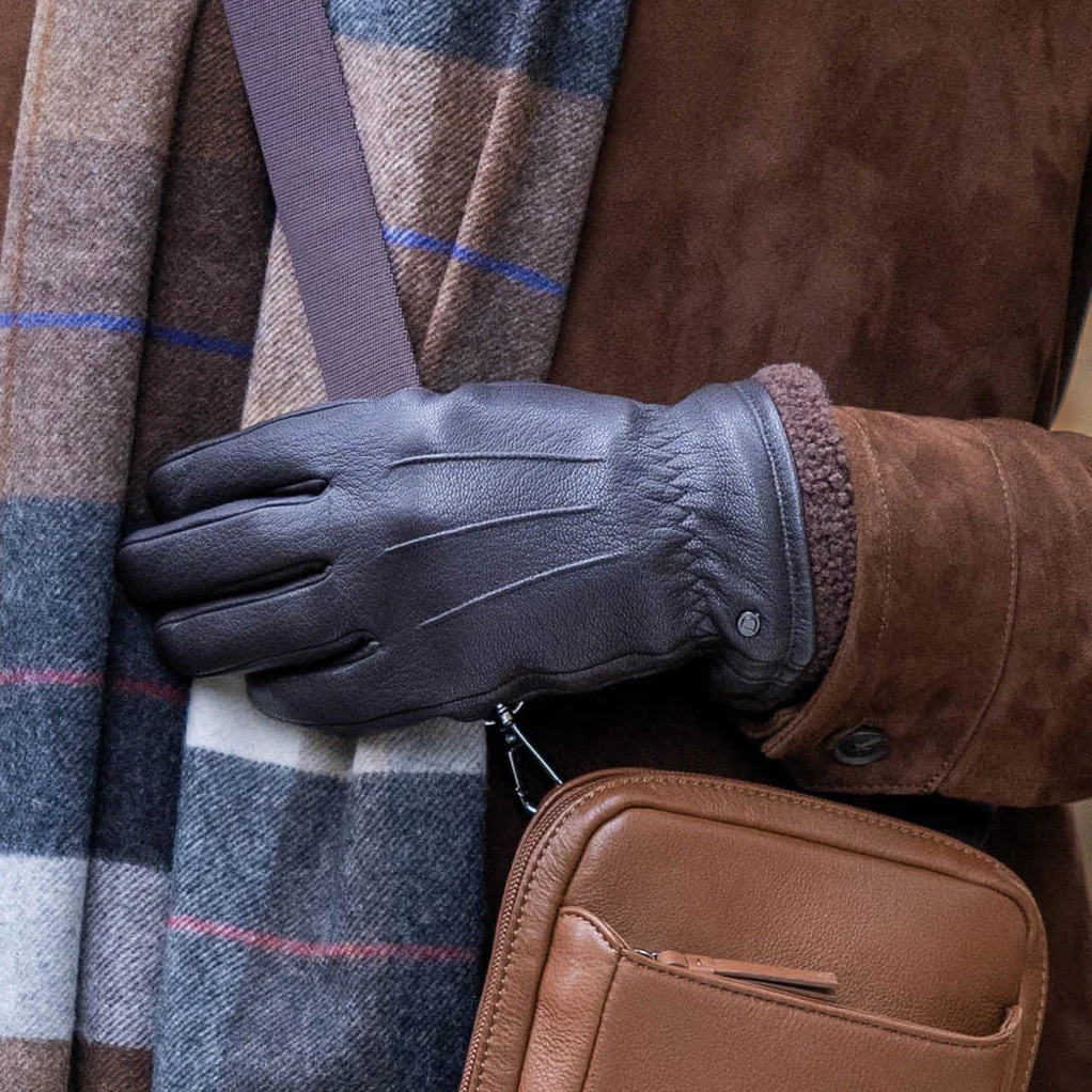 Men's Touchscreen Water-Resistant Three-Point Fleece-Lined Imitation Deerskin Leather Gloves - Image 3