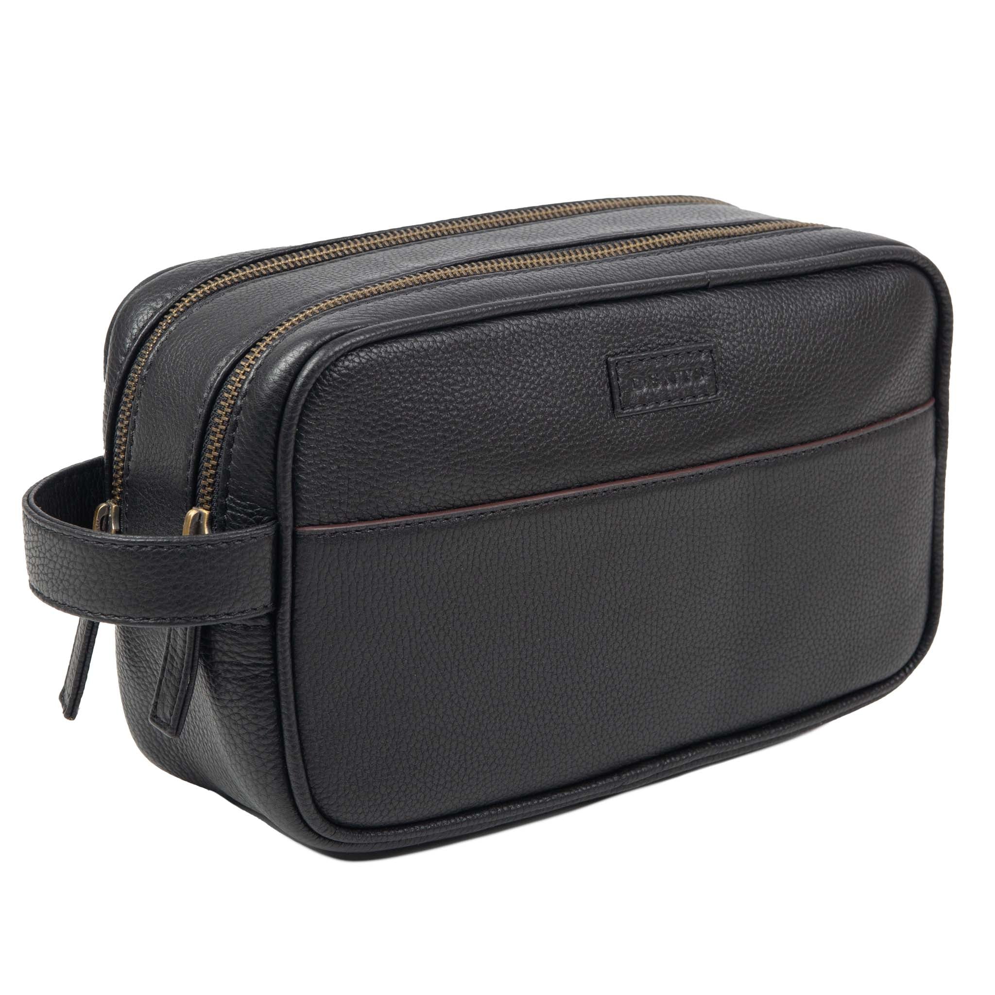 Men's Two-Zip Pebble Grain Leather Wash Bag - Image 18