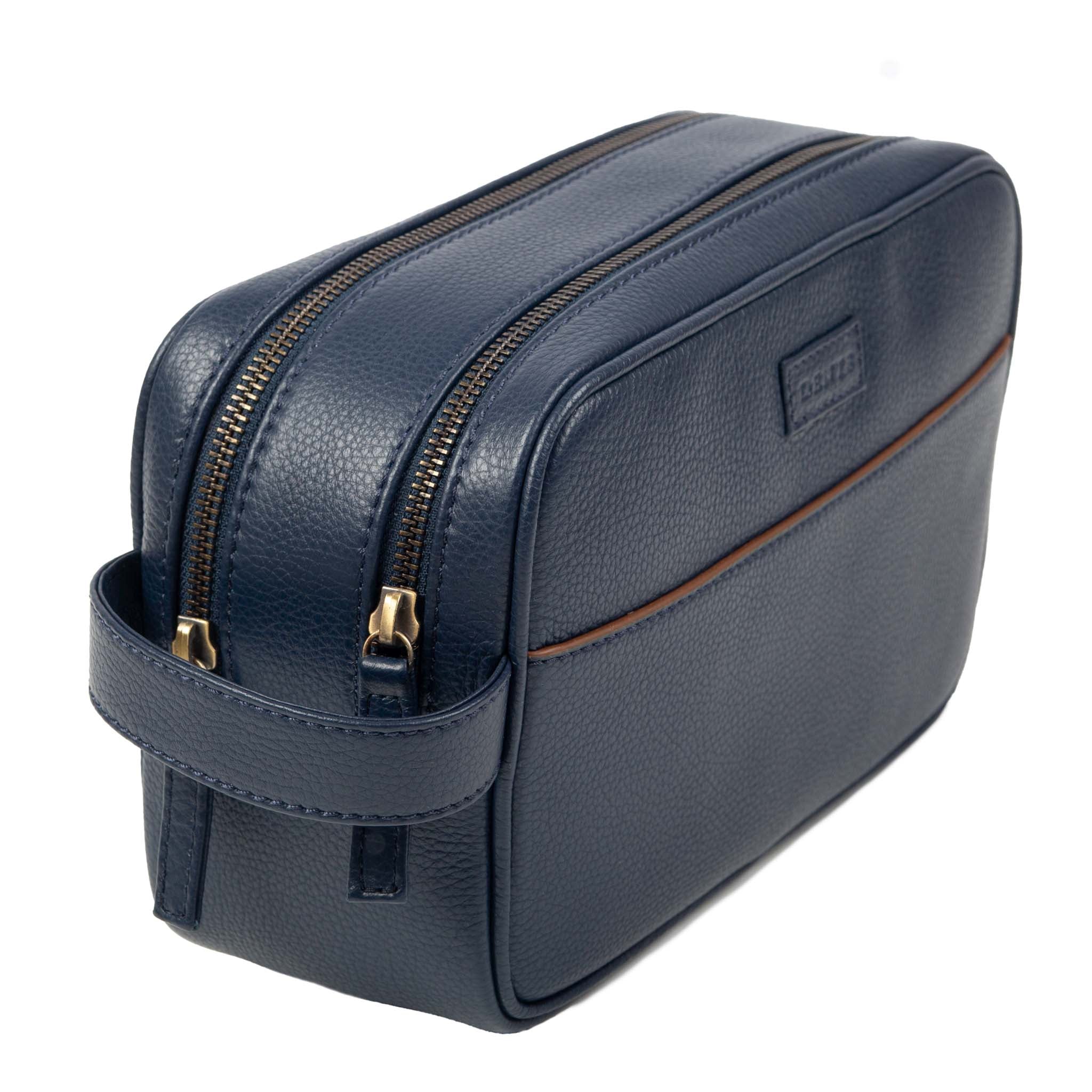 Men's Two-Zip Pebble Grain Leather Wash Bag - Image 6