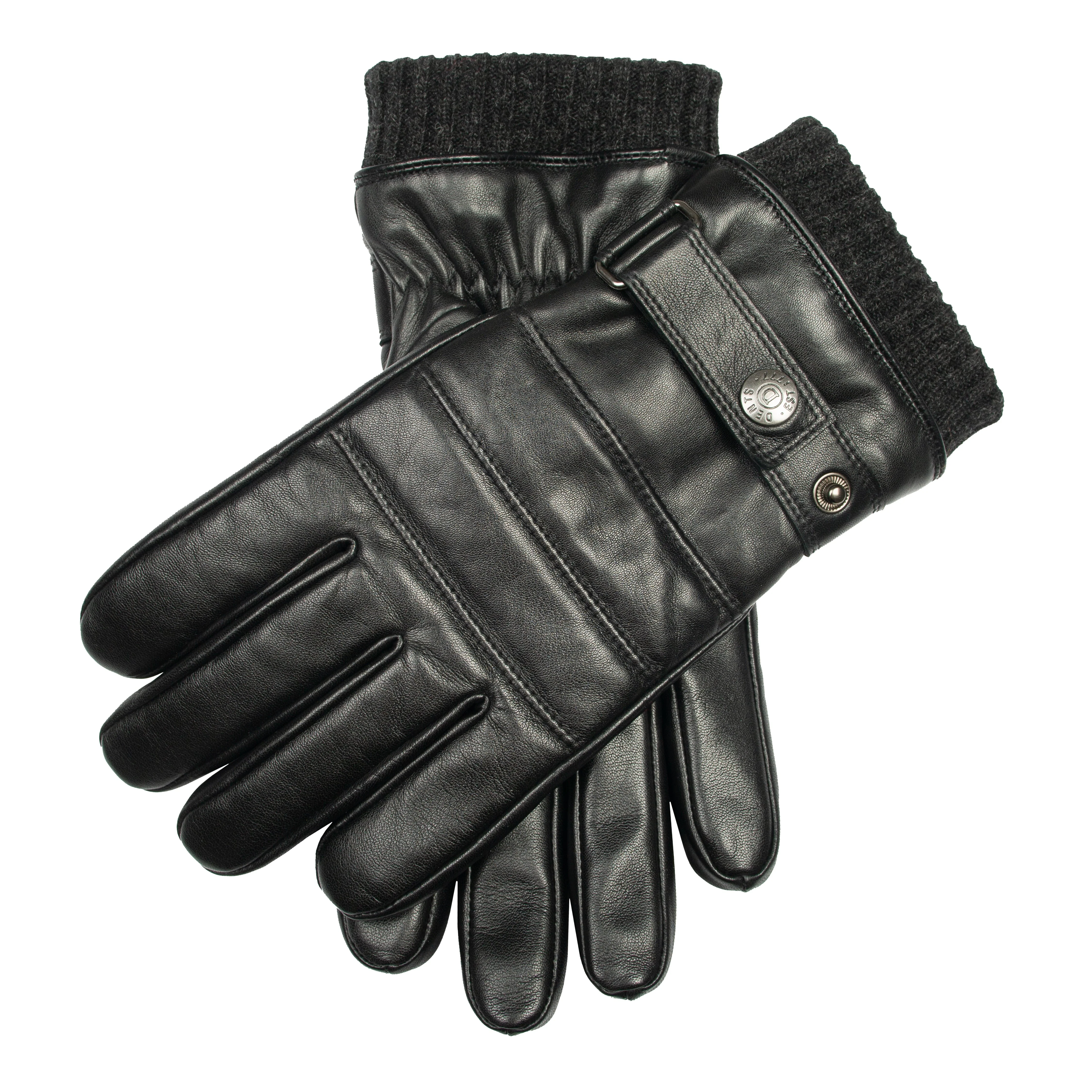 Men's Water-Resistant Faux Fur-Lined Leather Gloves with Stitch Detail and Knitted Cuffs