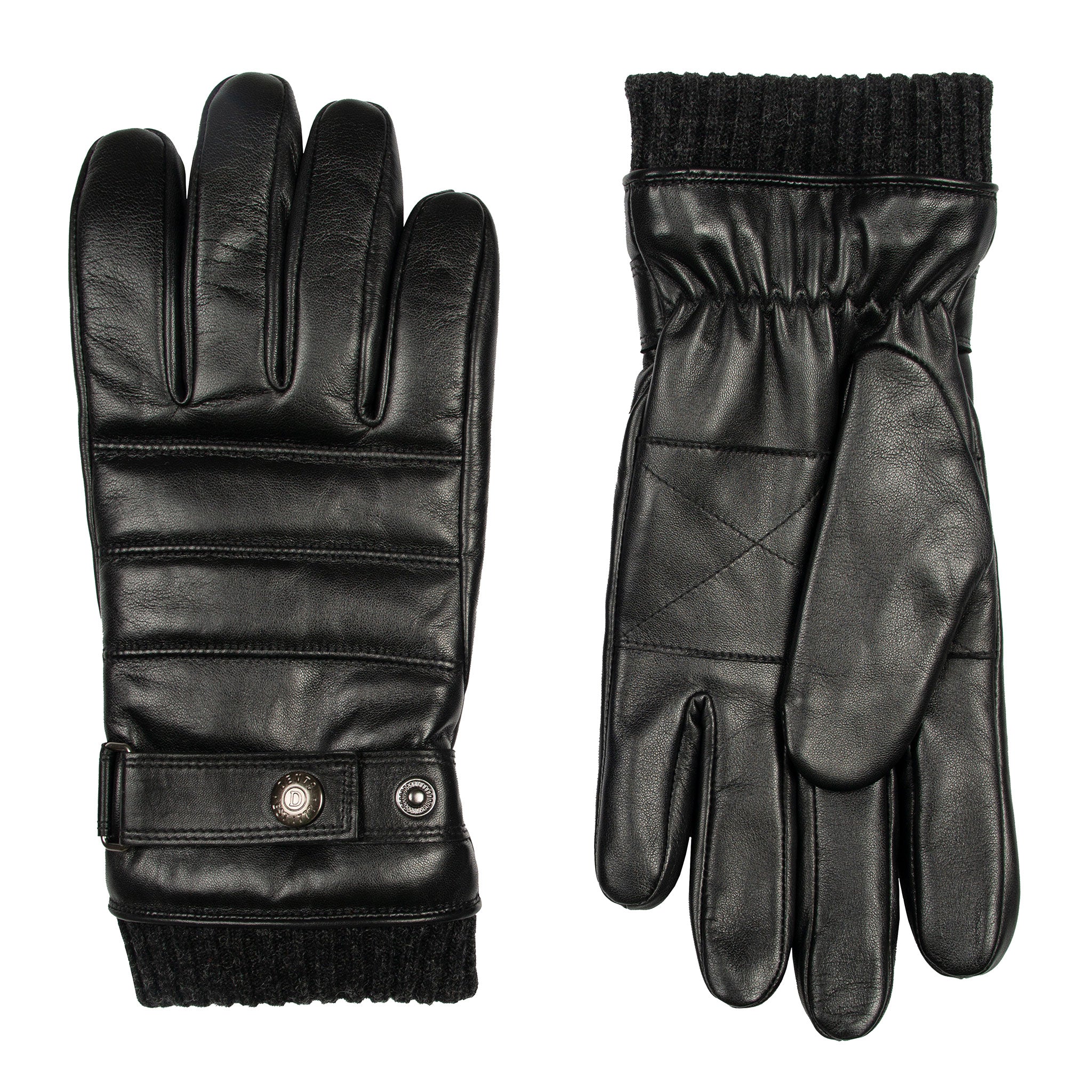Men's Water-Resistant Faux Fur-Lined Leather Gloves with Stitch Detail and Knitted Cuffs - Image 2