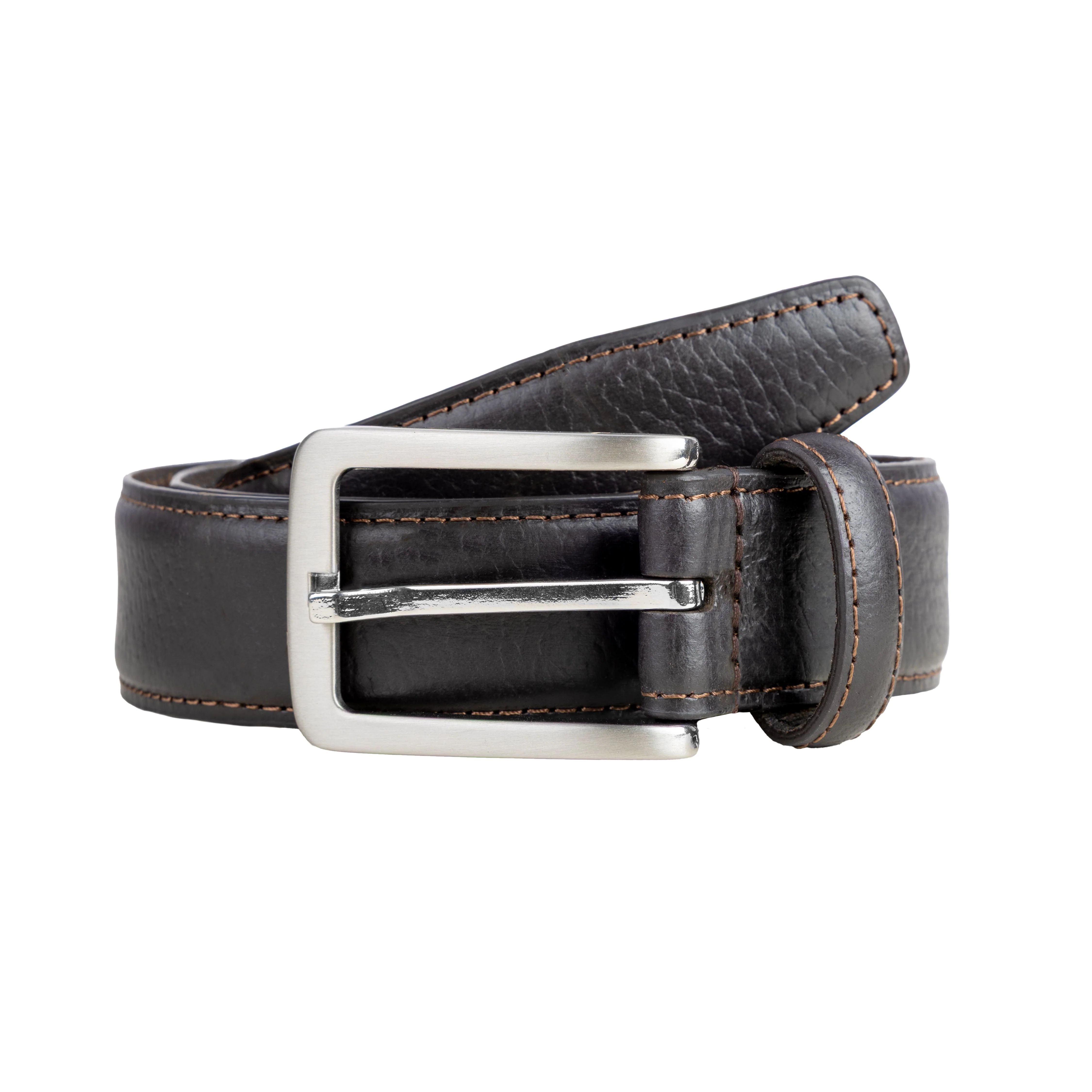 Men's Lined Full-Grain Leather Belt with Satin Nickel Buckle and Pebble Finish