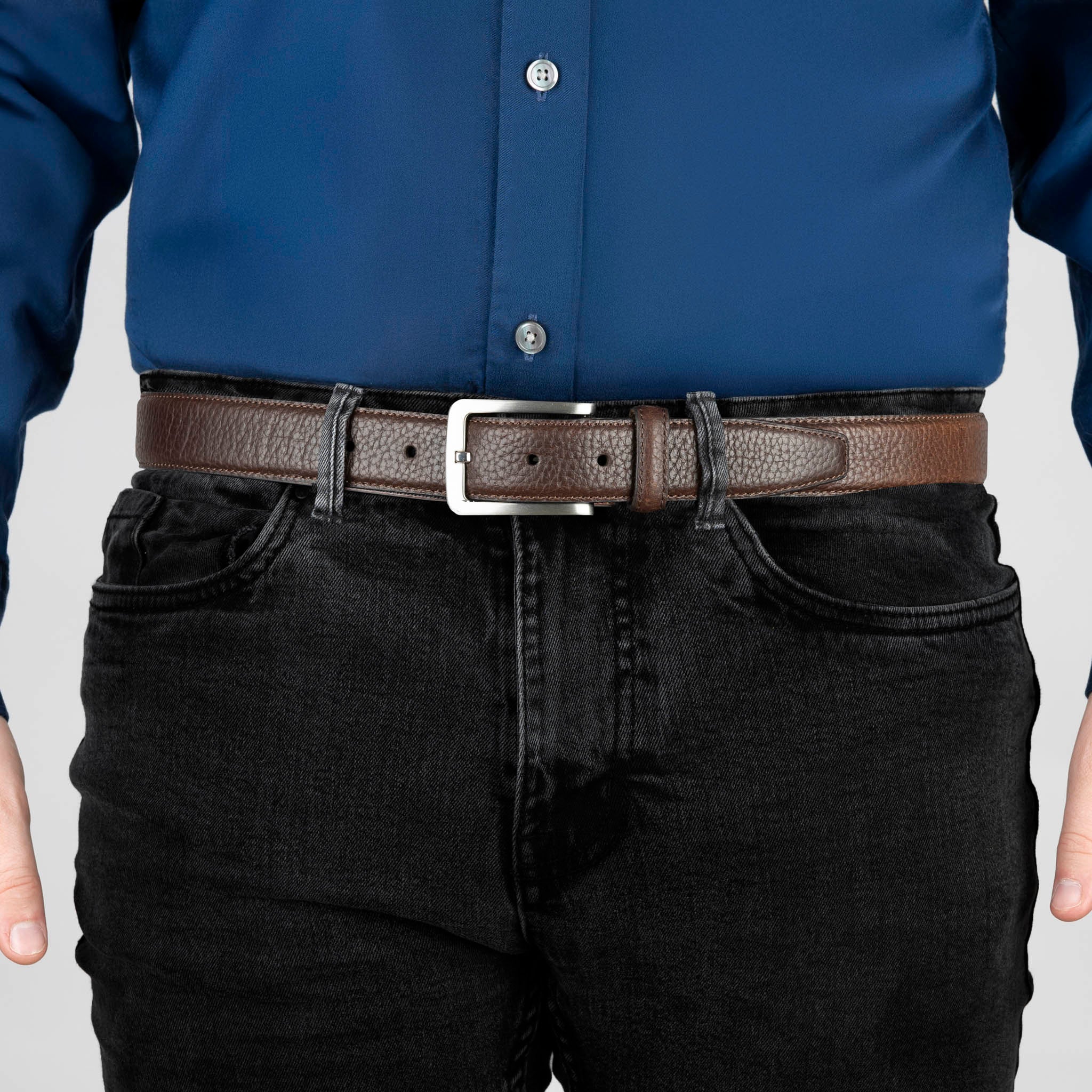 Men's Lined Full-Grain Leather Belt with Satin Nickel Buckle and Pebble Finish - Image 4