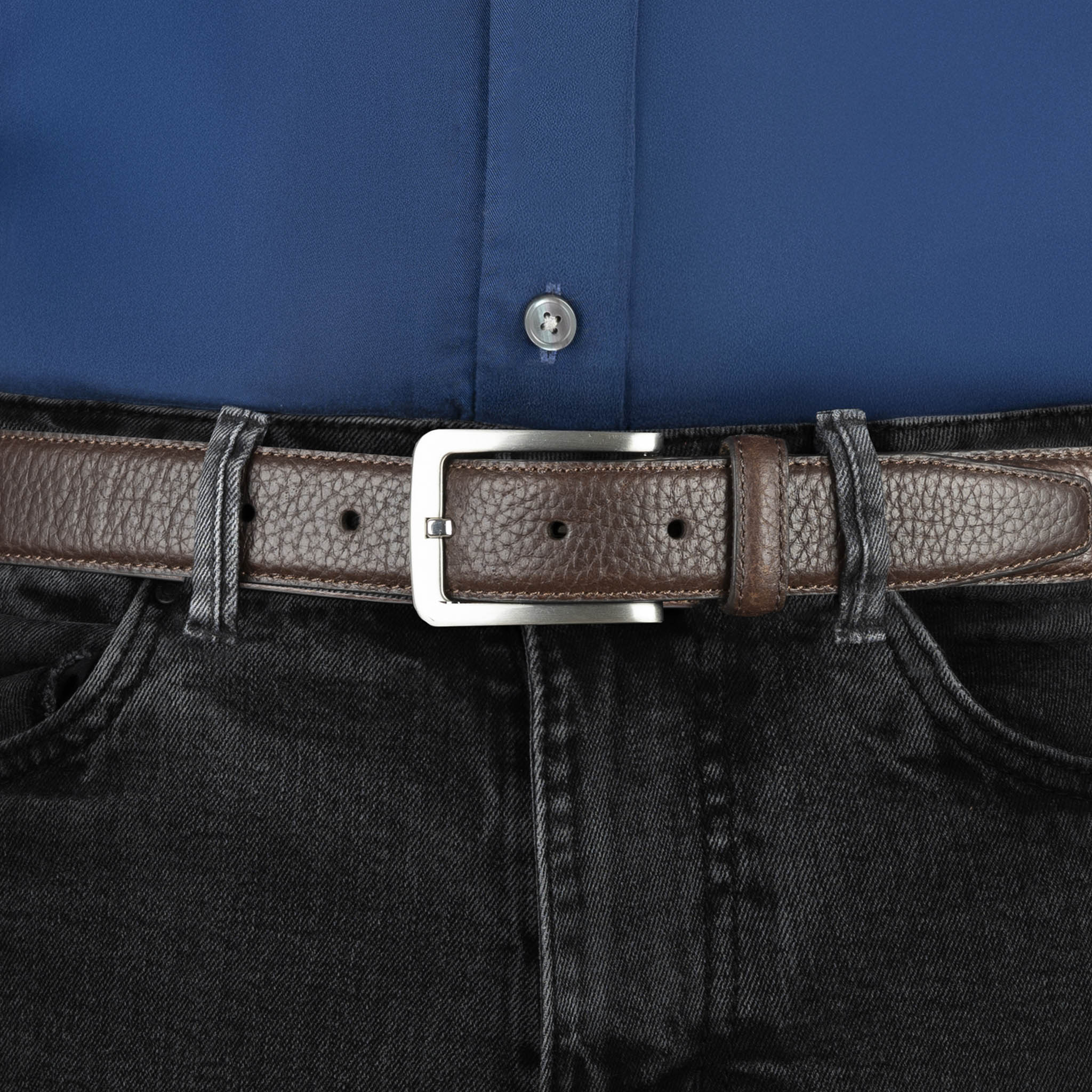 Men's Lined Full-Grain Leather Belt with Satin Nickel Buckle and Pebble Finish - Image 5