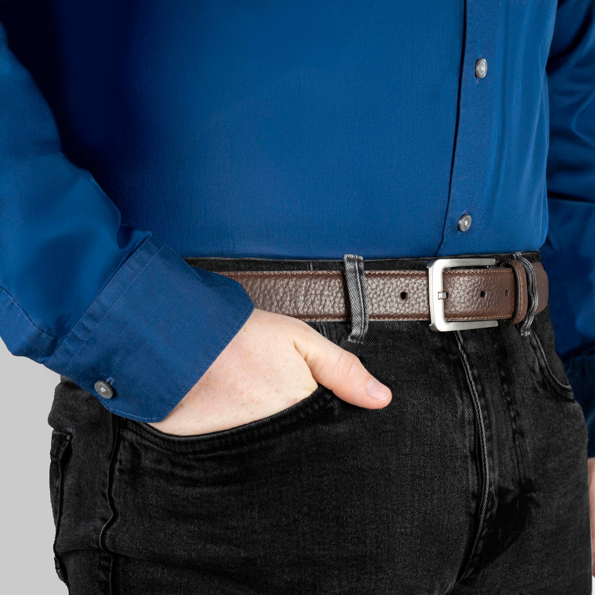 Men's Lined Full-Grain Leather Belt with Satin Nickel Buckle and Pebble Finish - Image 6