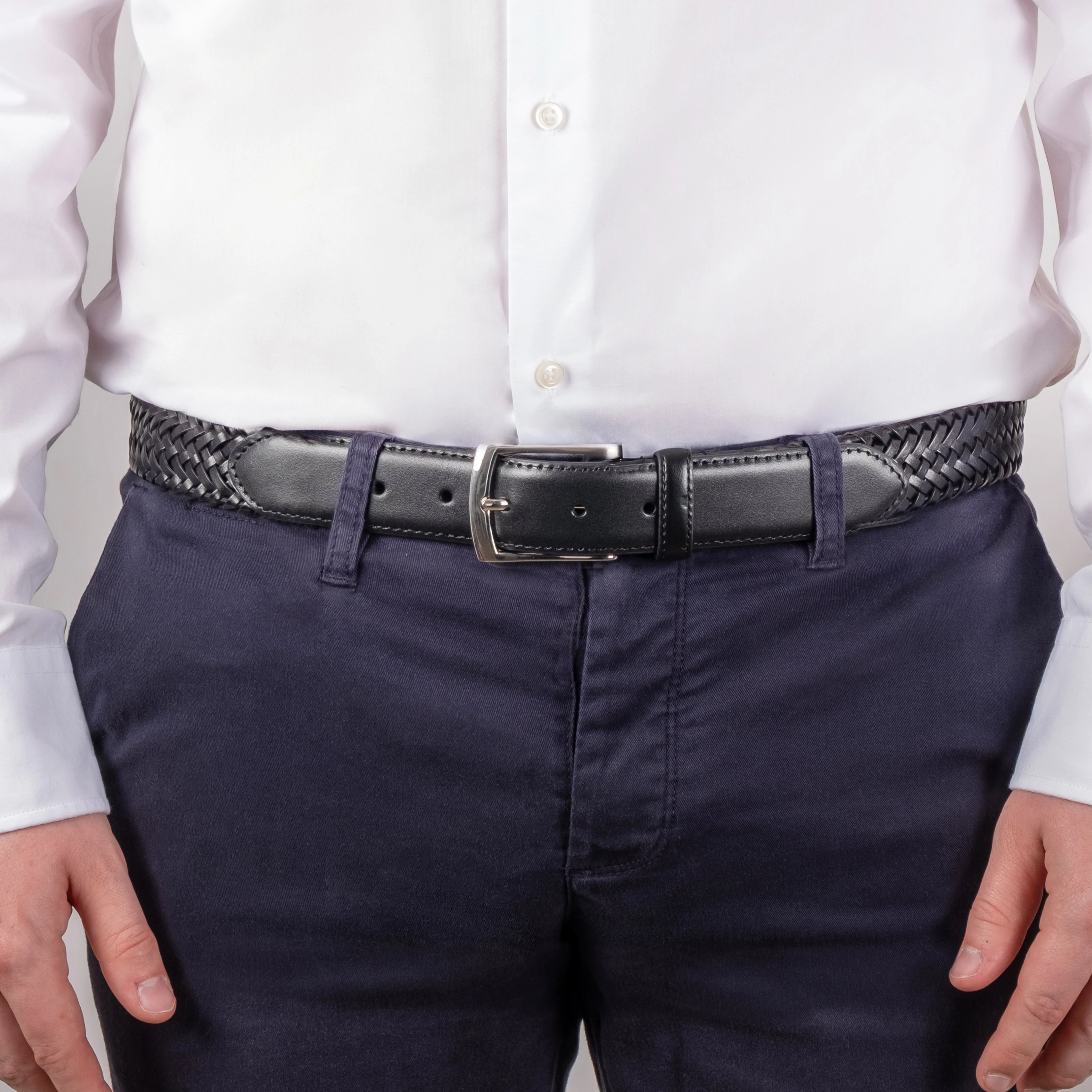 Men's Woven Leather Belt with Satin Nickel Buckle - Image 4