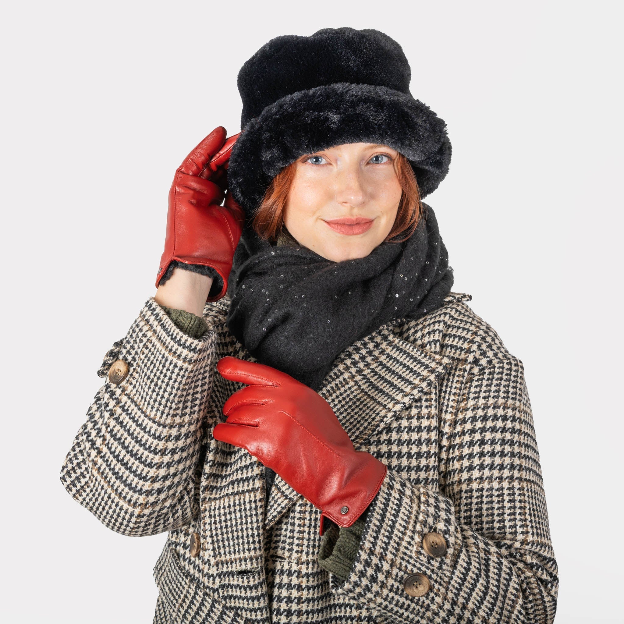 Women’s Touchscreen Single-Point Faux Fur-Lined Leather Gloves - Image 15