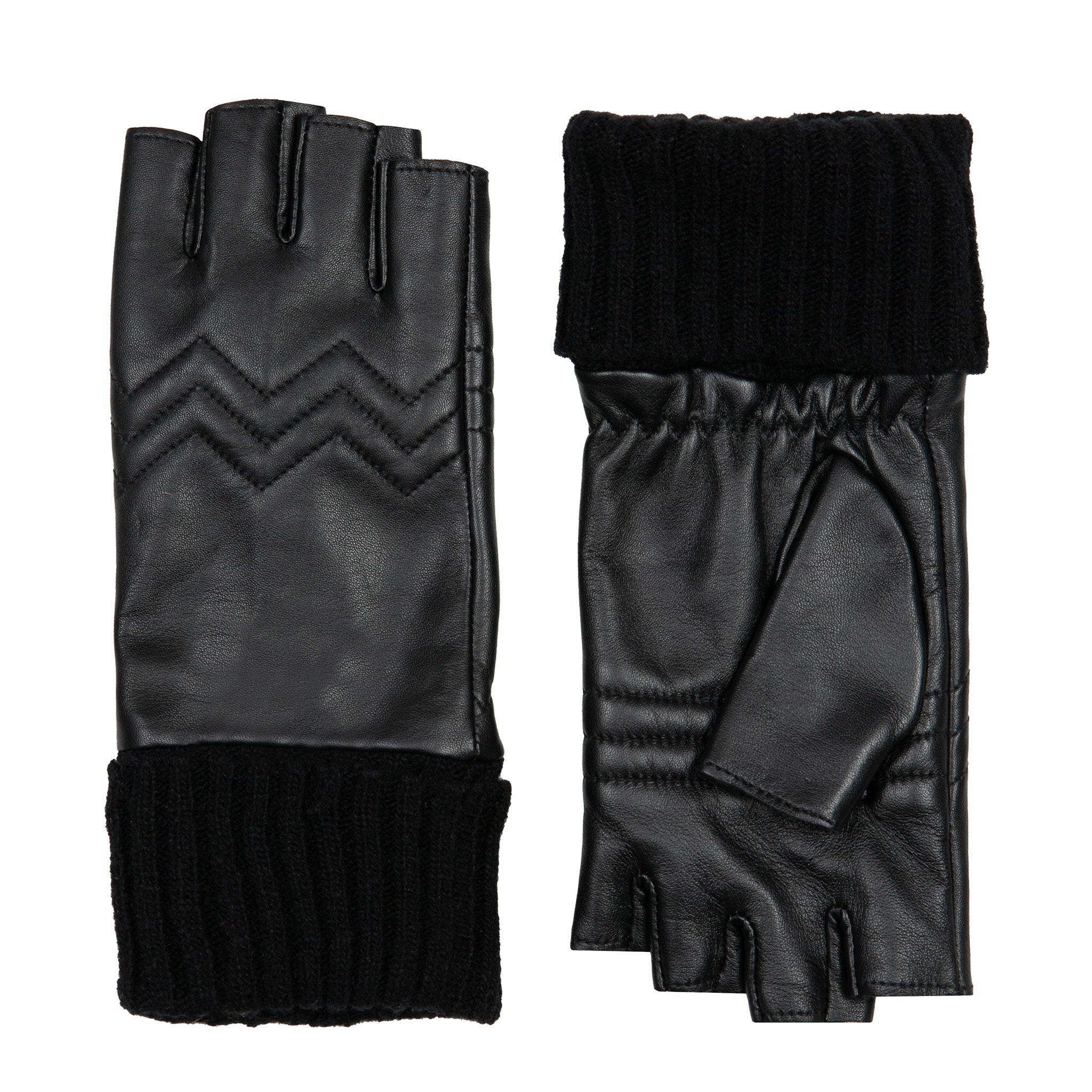 Women’s Fingerless Fleece-Lined Leather Gloves with Quilted Chevron Design - Image 13