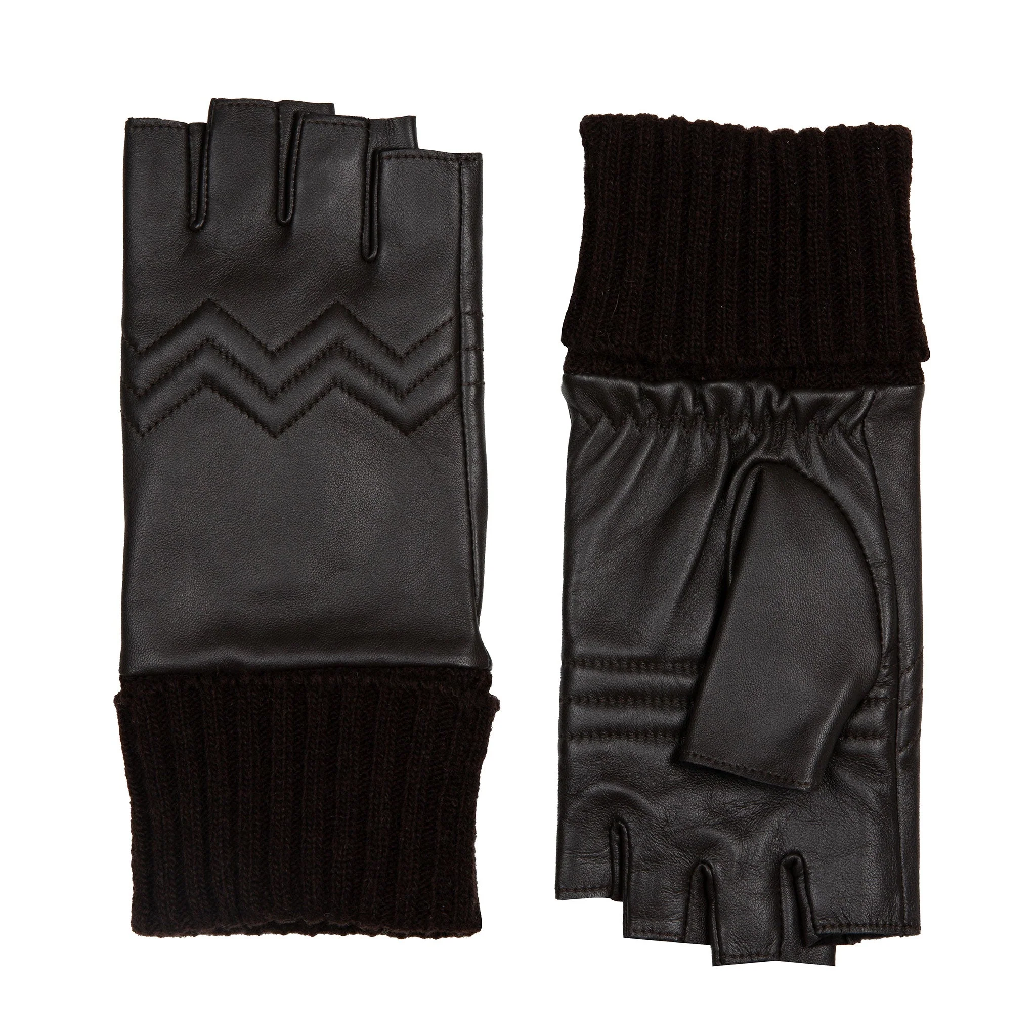 Women’s Fingerless Fleece-Lined Leather Gloves with Quilted Chevron Design - Image 4