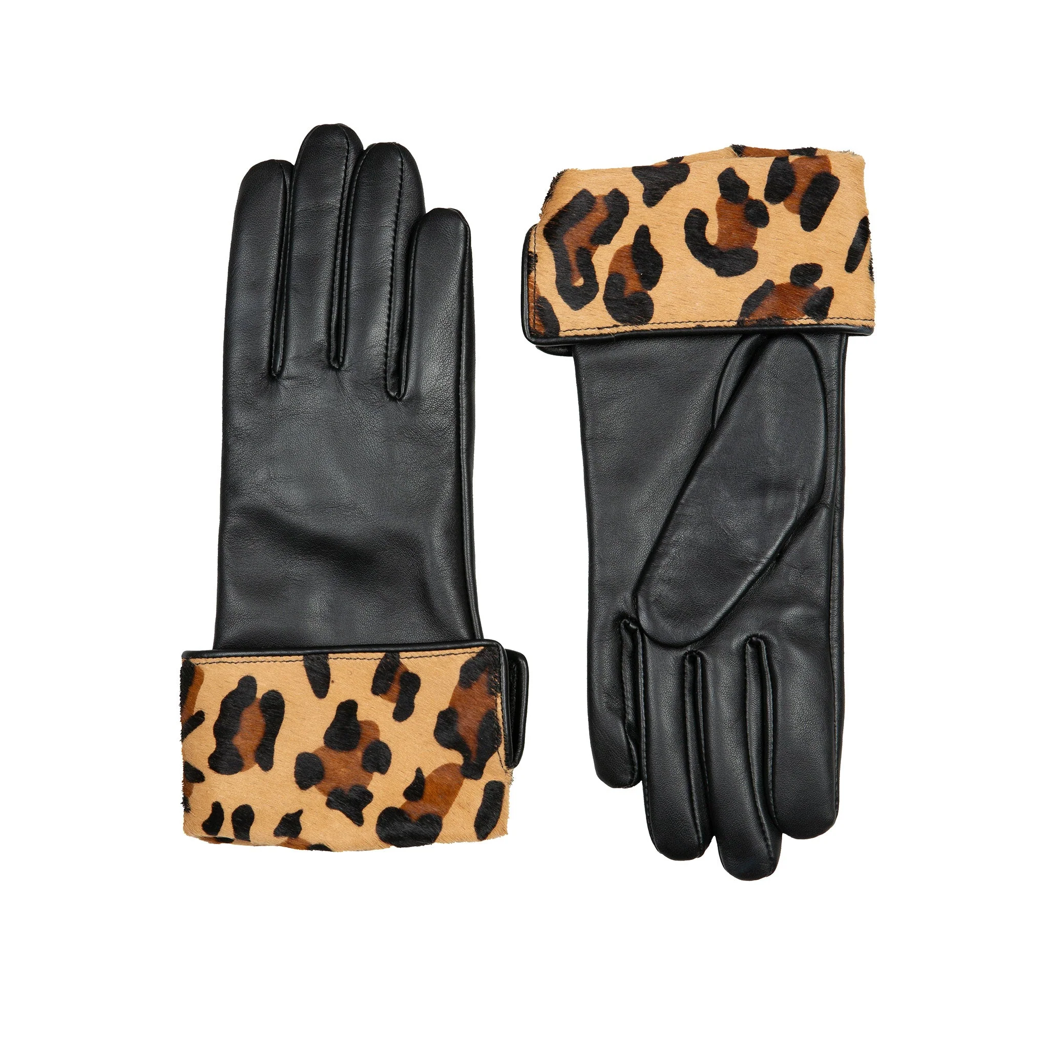 Womenâs Lined Leather Gloves with Ponyskin Leopard Print Cuffs - Image 4