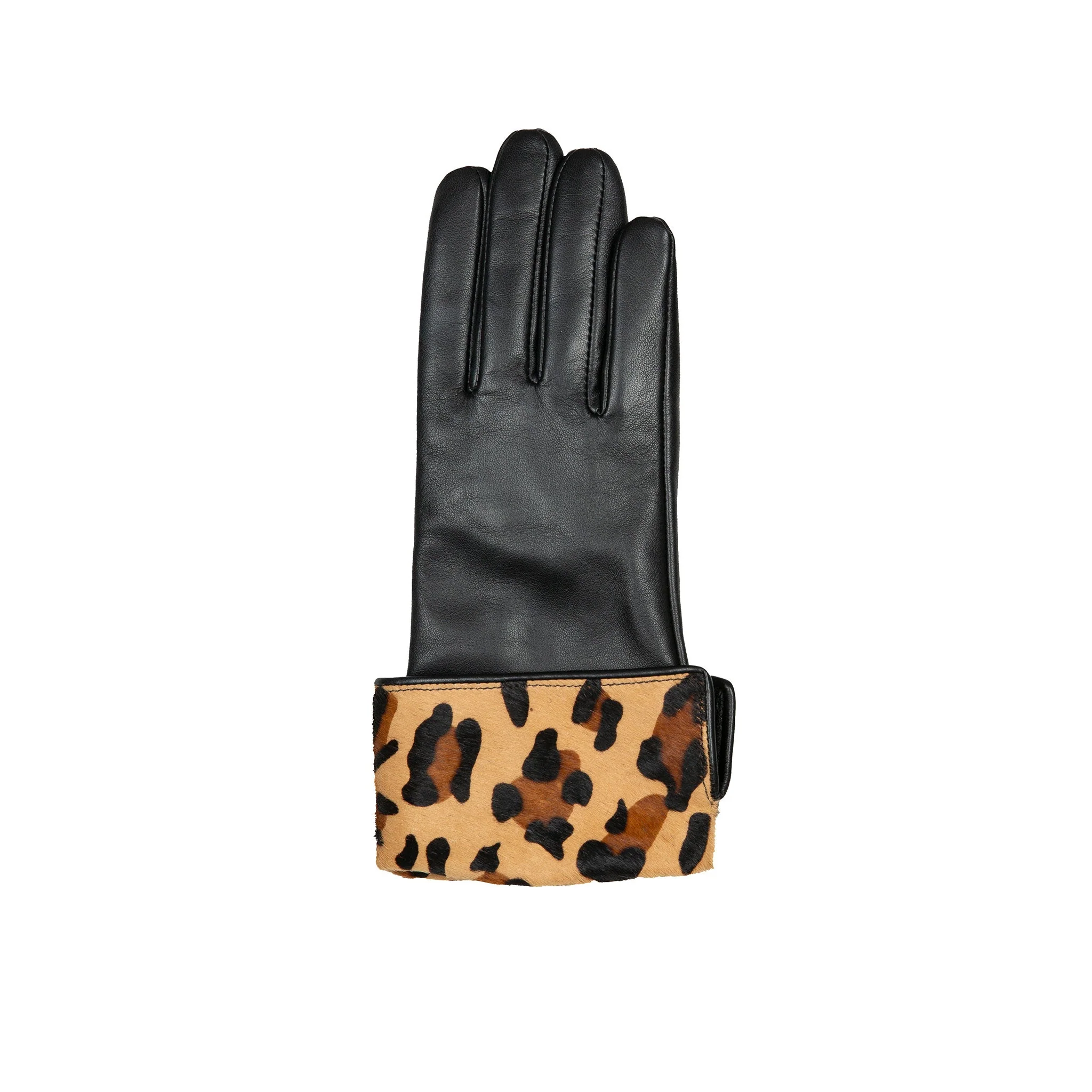 Womenâs Lined Leather Gloves with Ponyskin Leopard Print Cuffs - Image 5
