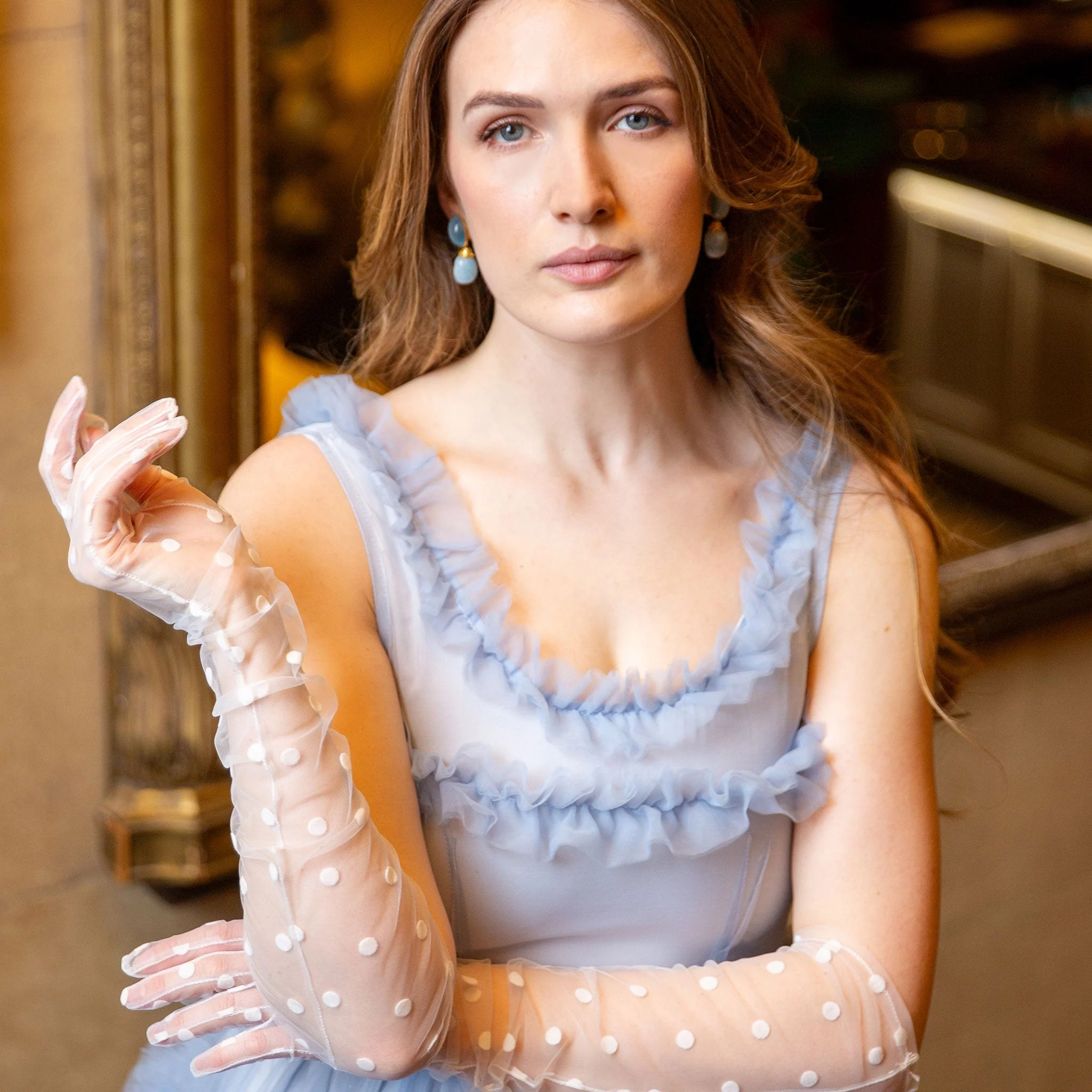 Women’s Long Opera Spotty Tulle Gloves - Image 2
