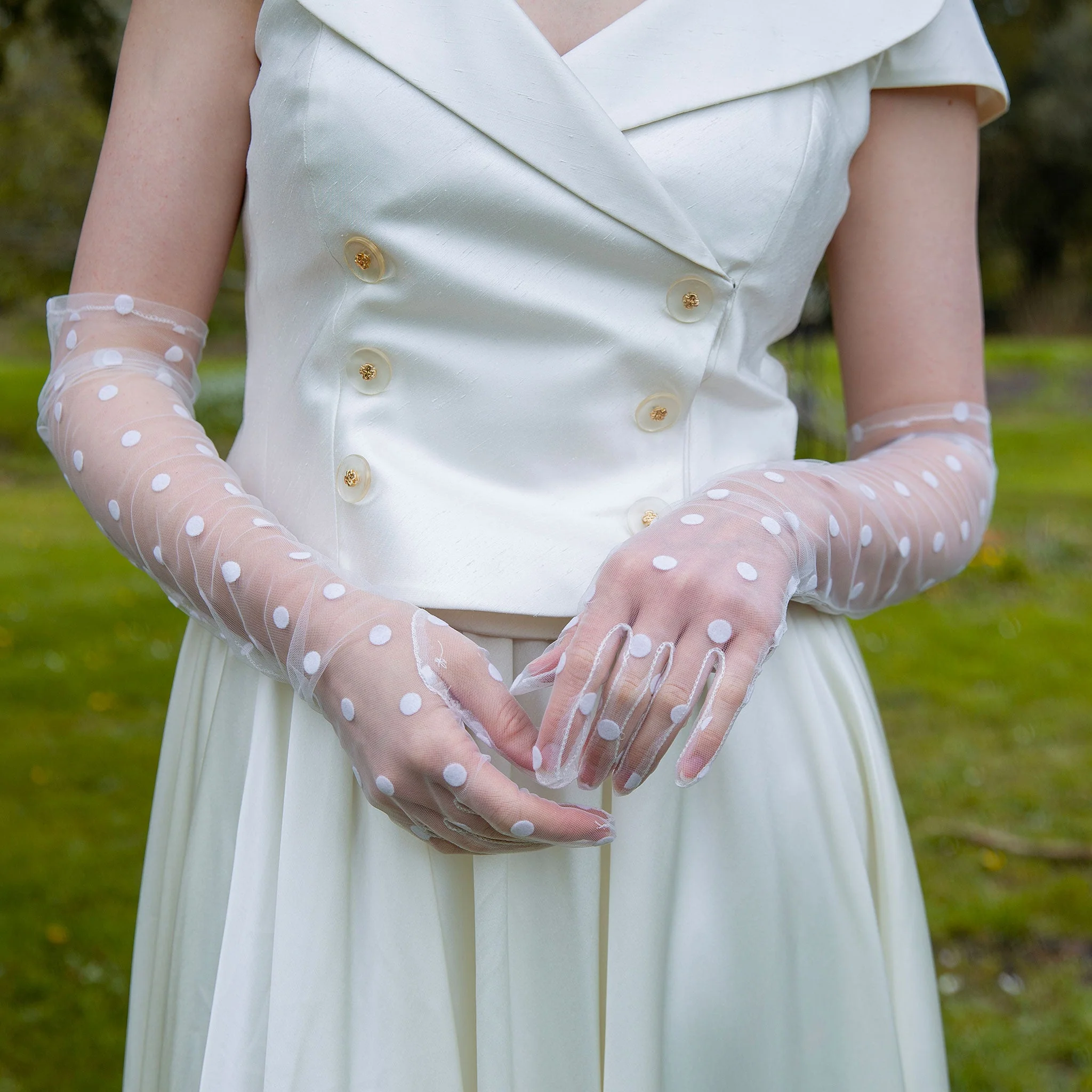 Women’s Long Opera Spotty Tulle Gloves - Image 5