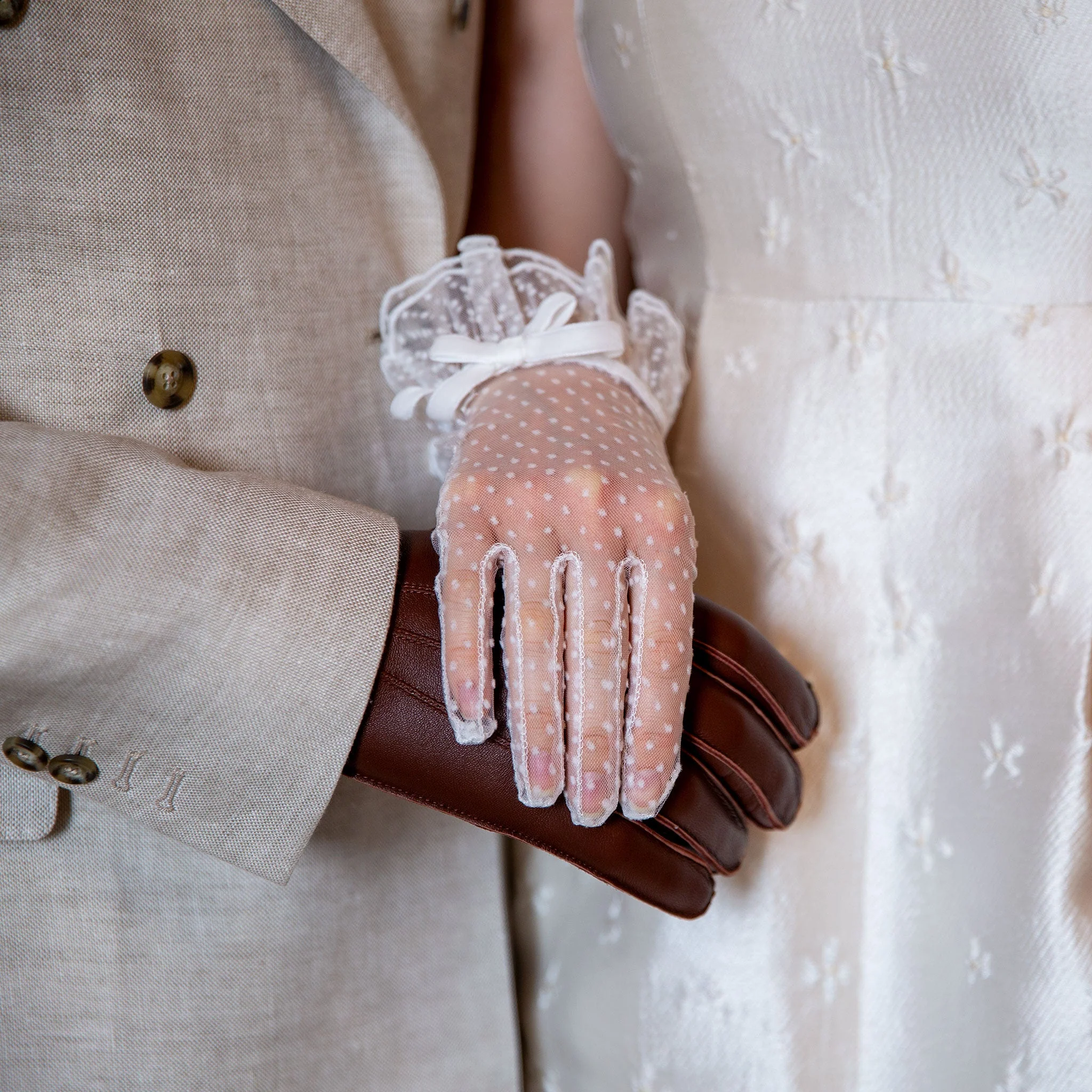 Women’s Spotty Tulle Gloves with Double Cuff and Bow - Image 16