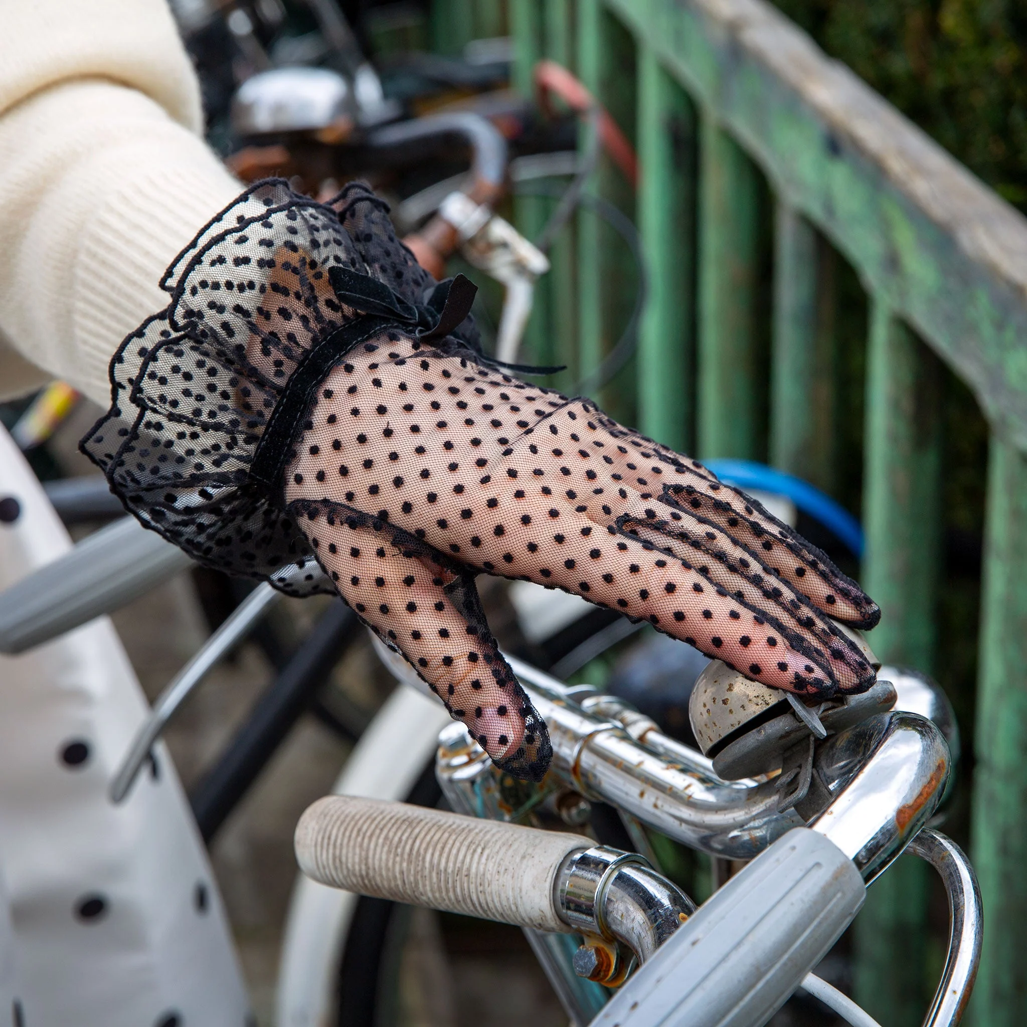 Women’s Spotty Tulle Gloves with Double Cuff and Bow - Image 3