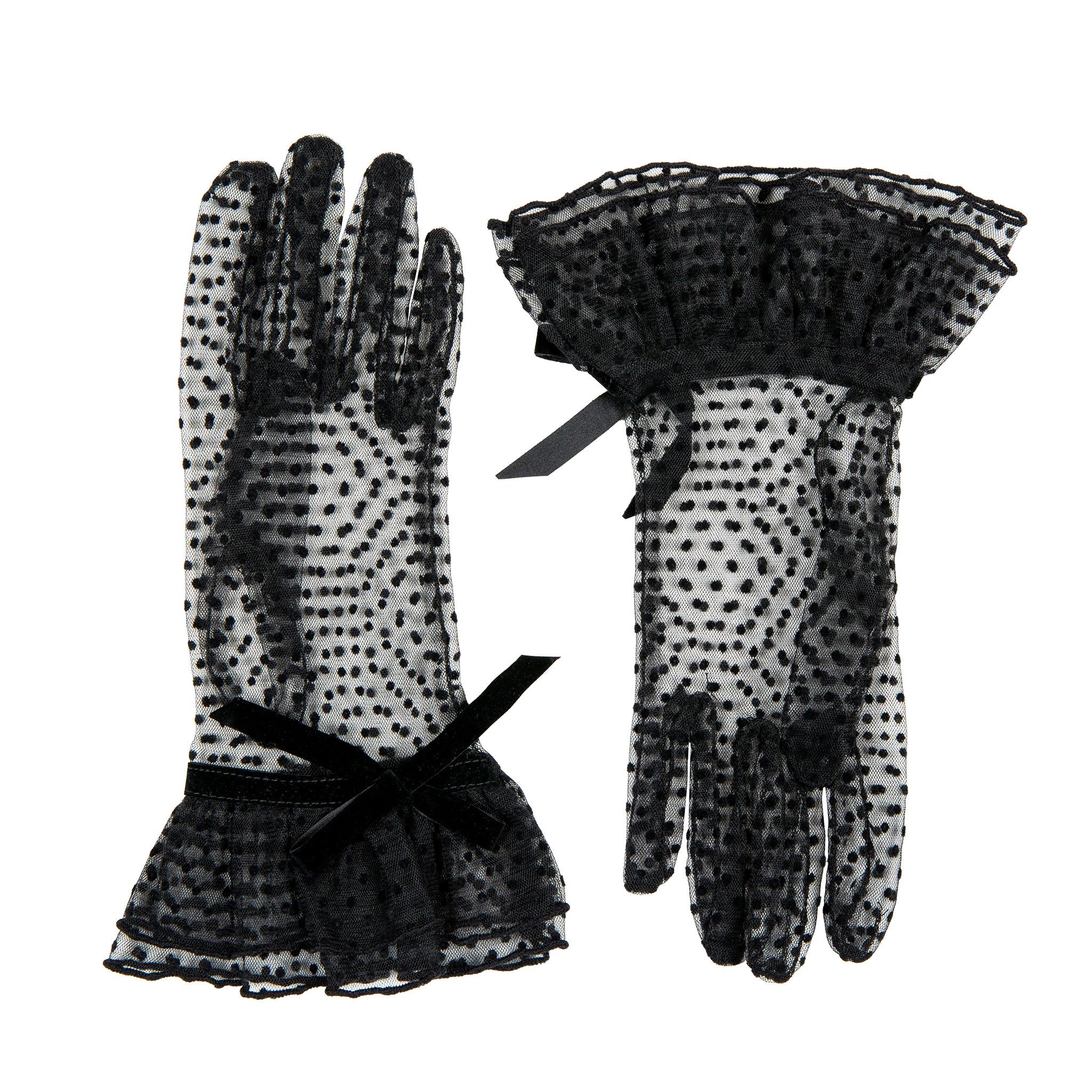 Women’s Spotty Tulle Gloves with Double Cuff and Bow - Image 4