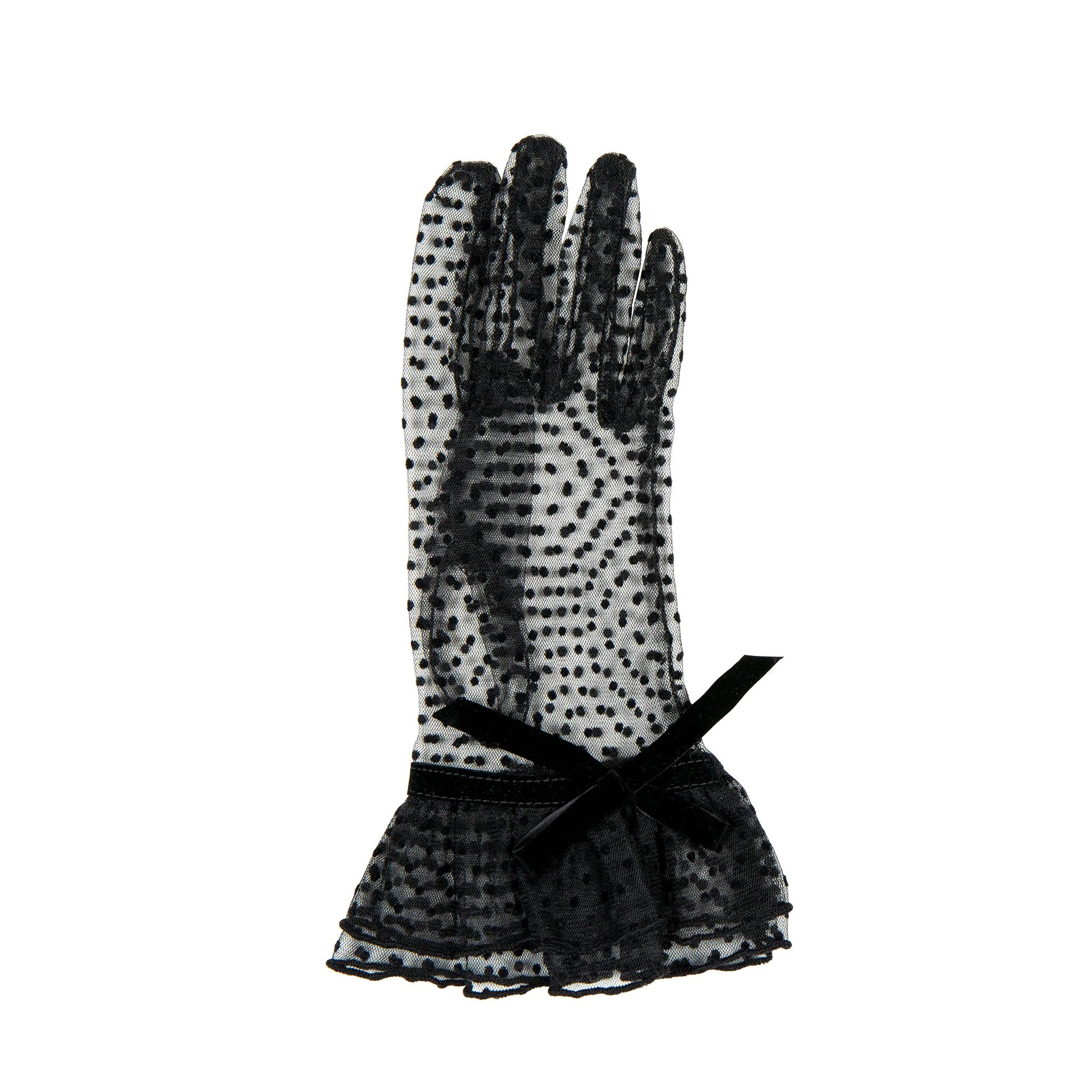 Women’s Spotty Tulle Gloves with Double Cuff and Bow - Image 5