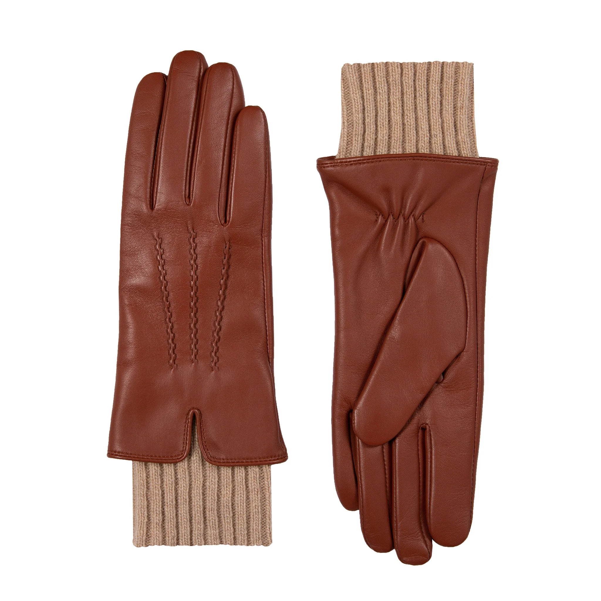 Women’s Three-Point Wool Blend-Lined Leather Gloves with Knitted Cuffs - Image 30