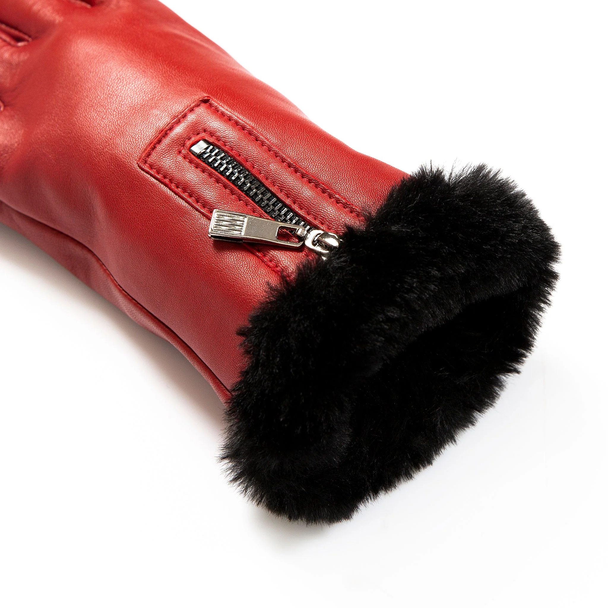Women’s Touchscreen Faux Fur-Lined Leather Gloves with Zip - Image 11