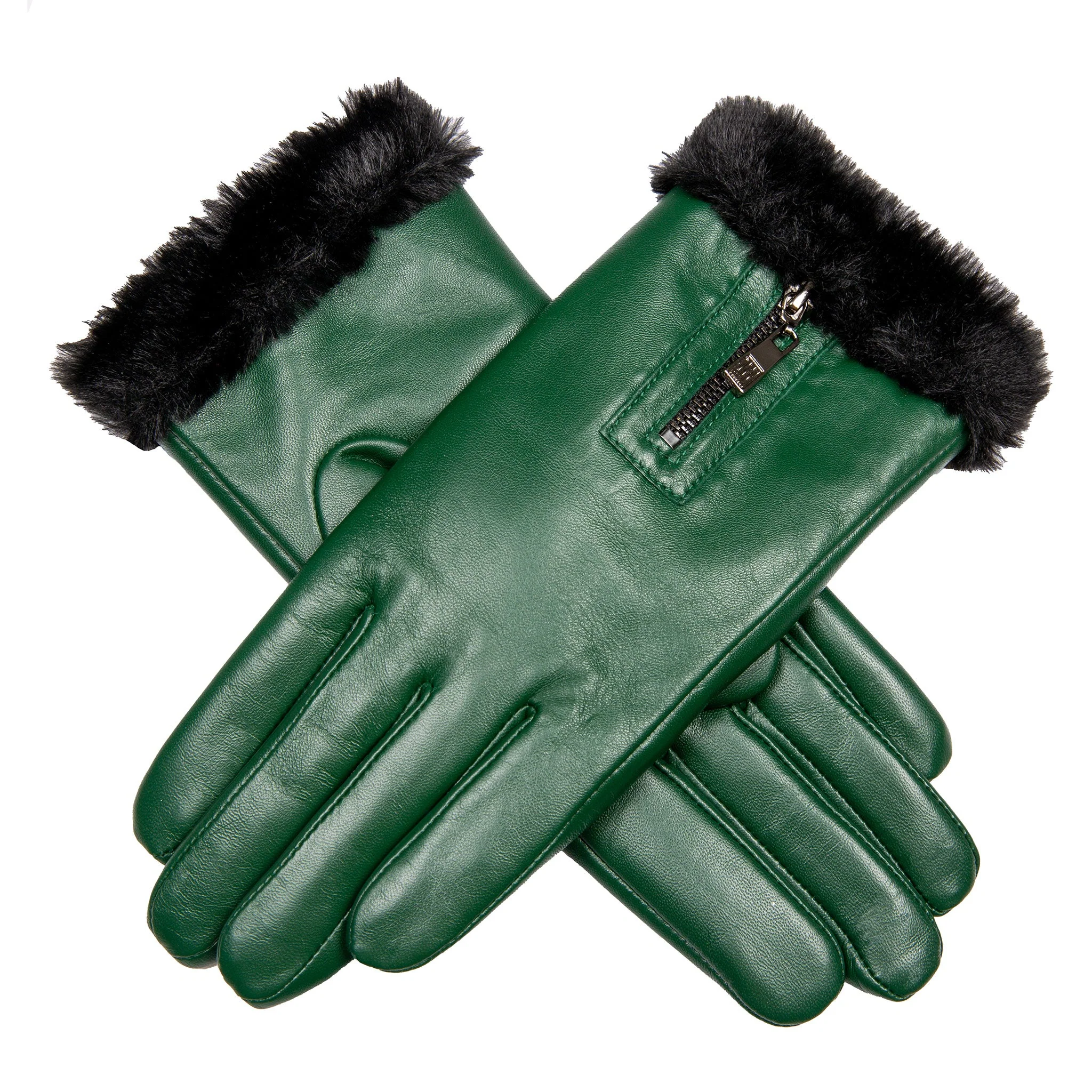 Women’s Touchscreen Faux Fur-Lined Leather Gloves with Zip - Image 13