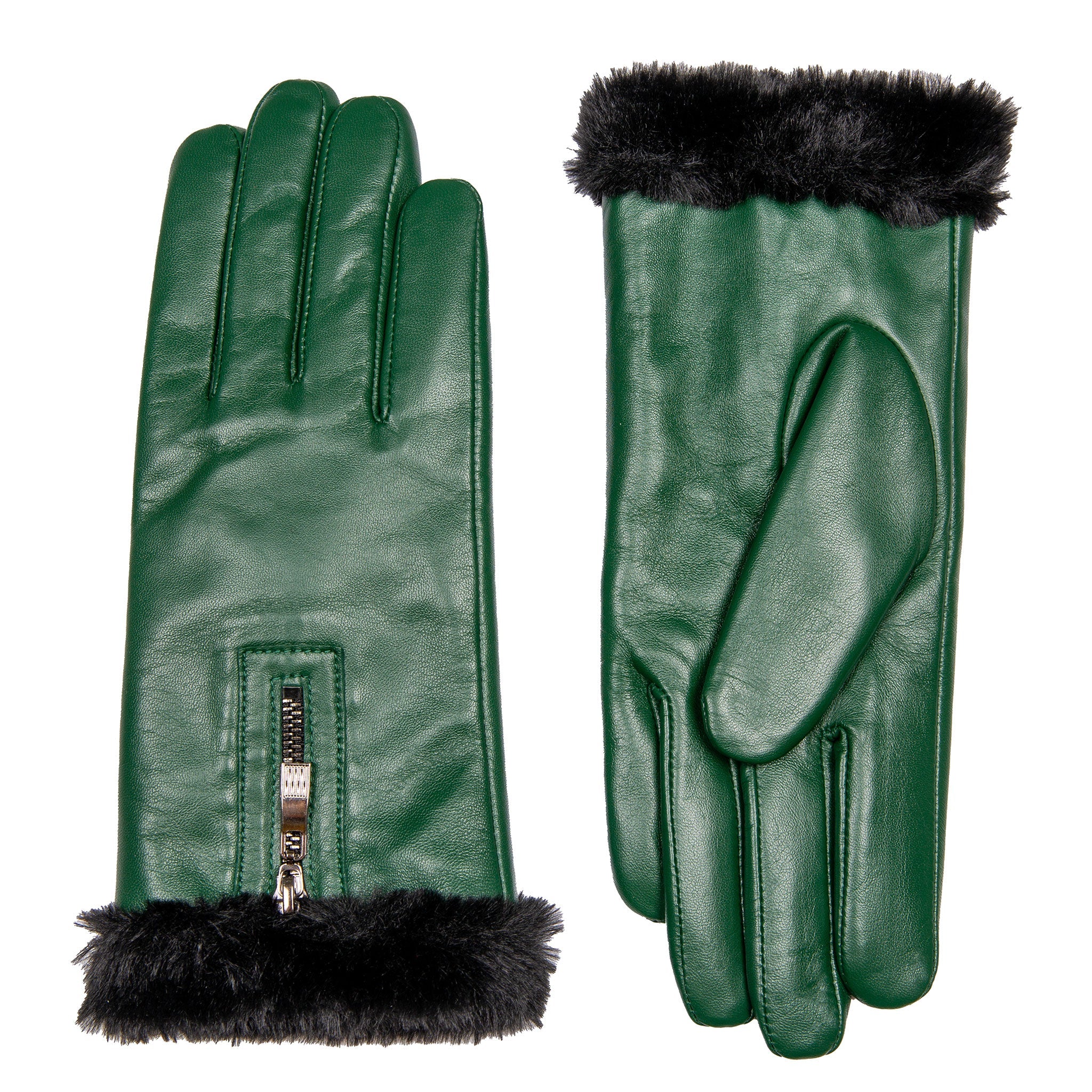 Women’s Touchscreen Faux Fur-Lined Leather Gloves with Zip - Image 14