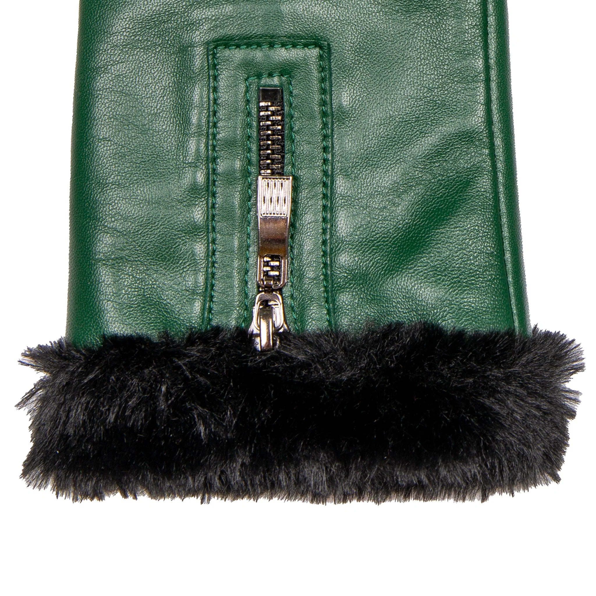 Women’s Touchscreen Faux Fur-Lined Leather Gloves with Zip - Image 16