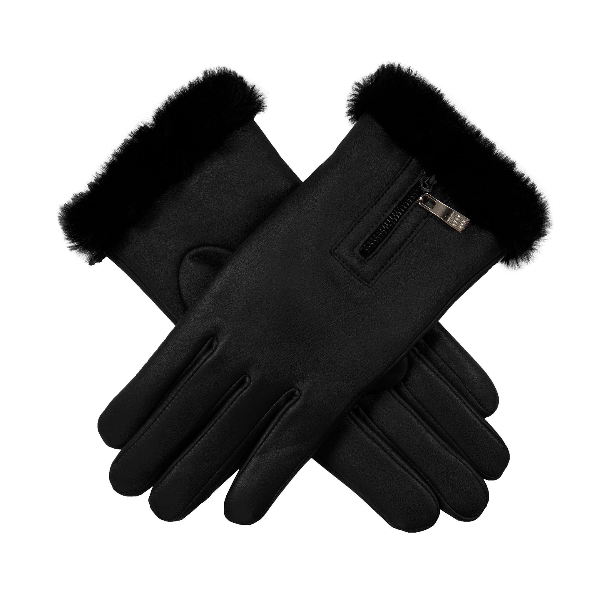 Women’s Touchscreen Faux Fur-Lined Leather Gloves with Zip - Image 23