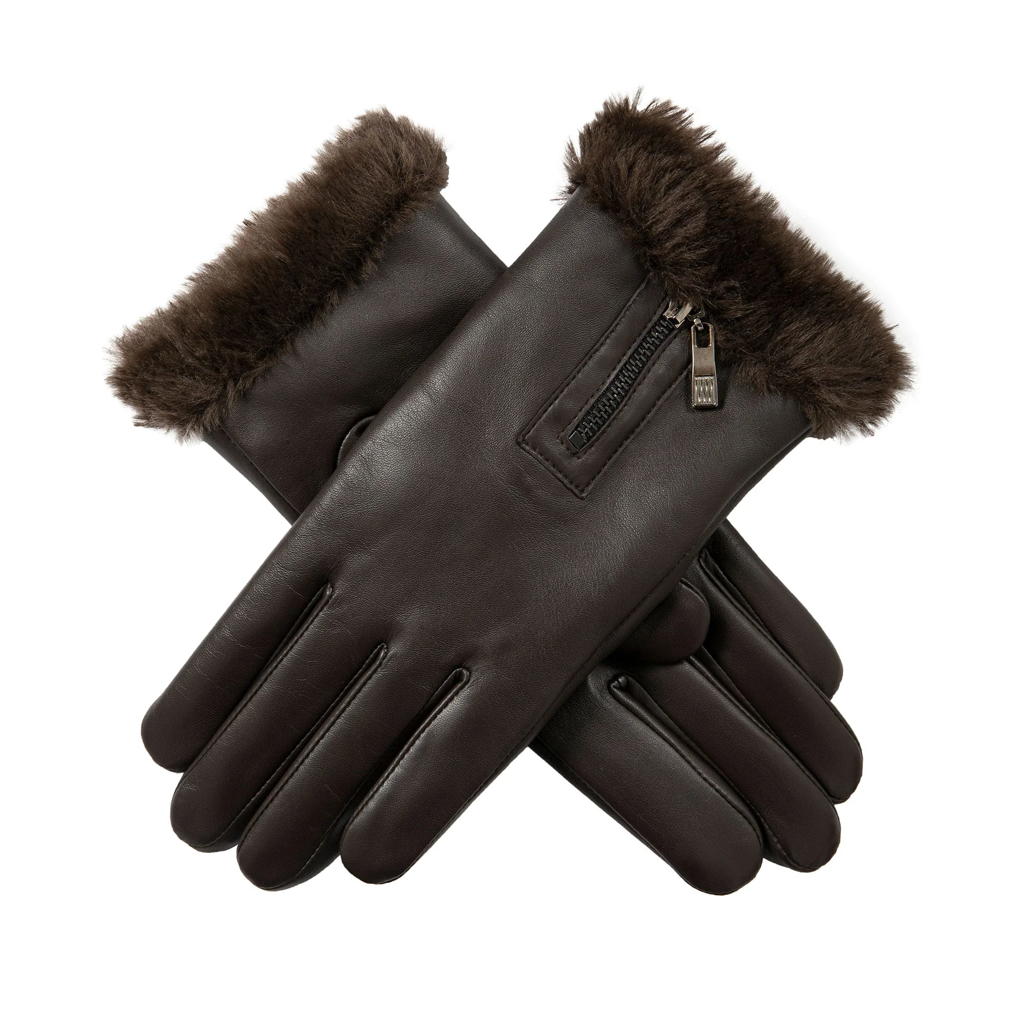 Women’s Touchscreen Faux Fur-Lined Leather Gloves with Zip - Image 33
