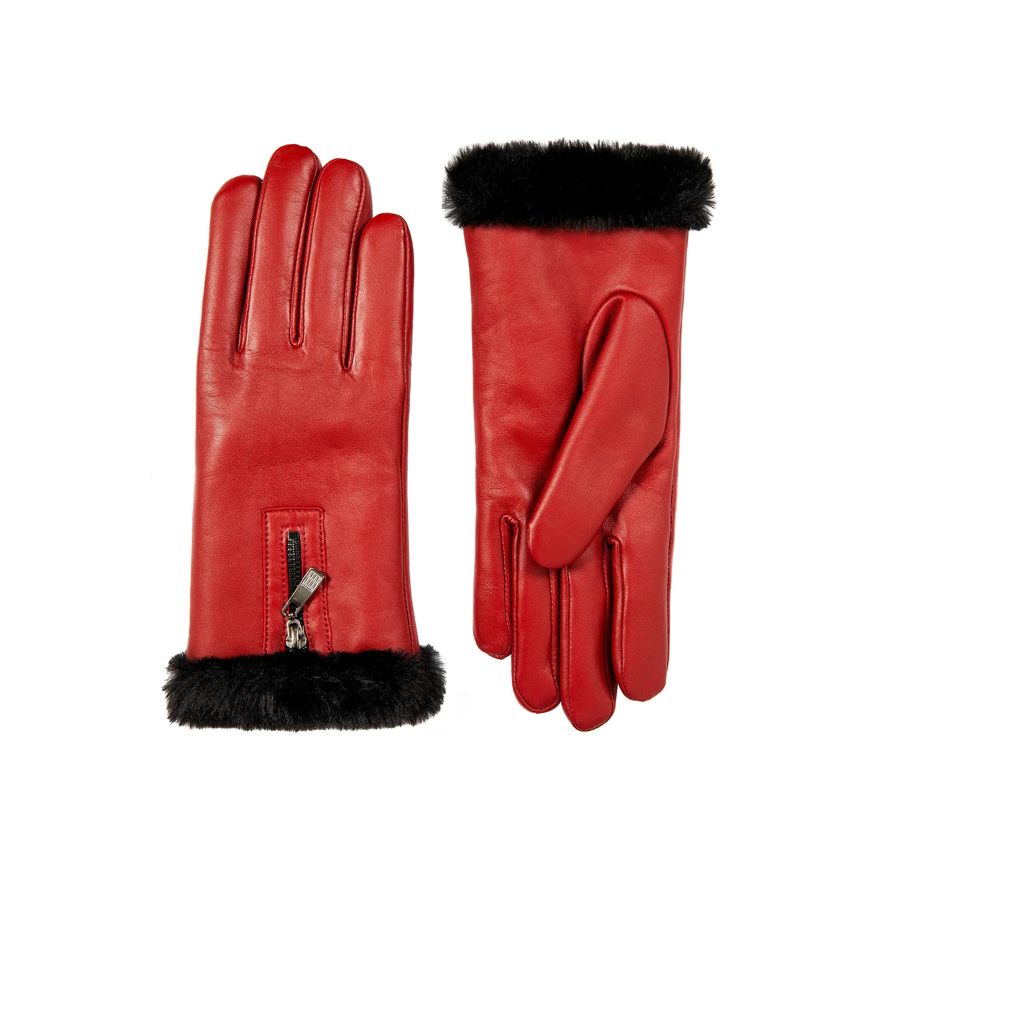 Women’s Touchscreen Faux Fur-Lined Leather Gloves with Zip - Image 4