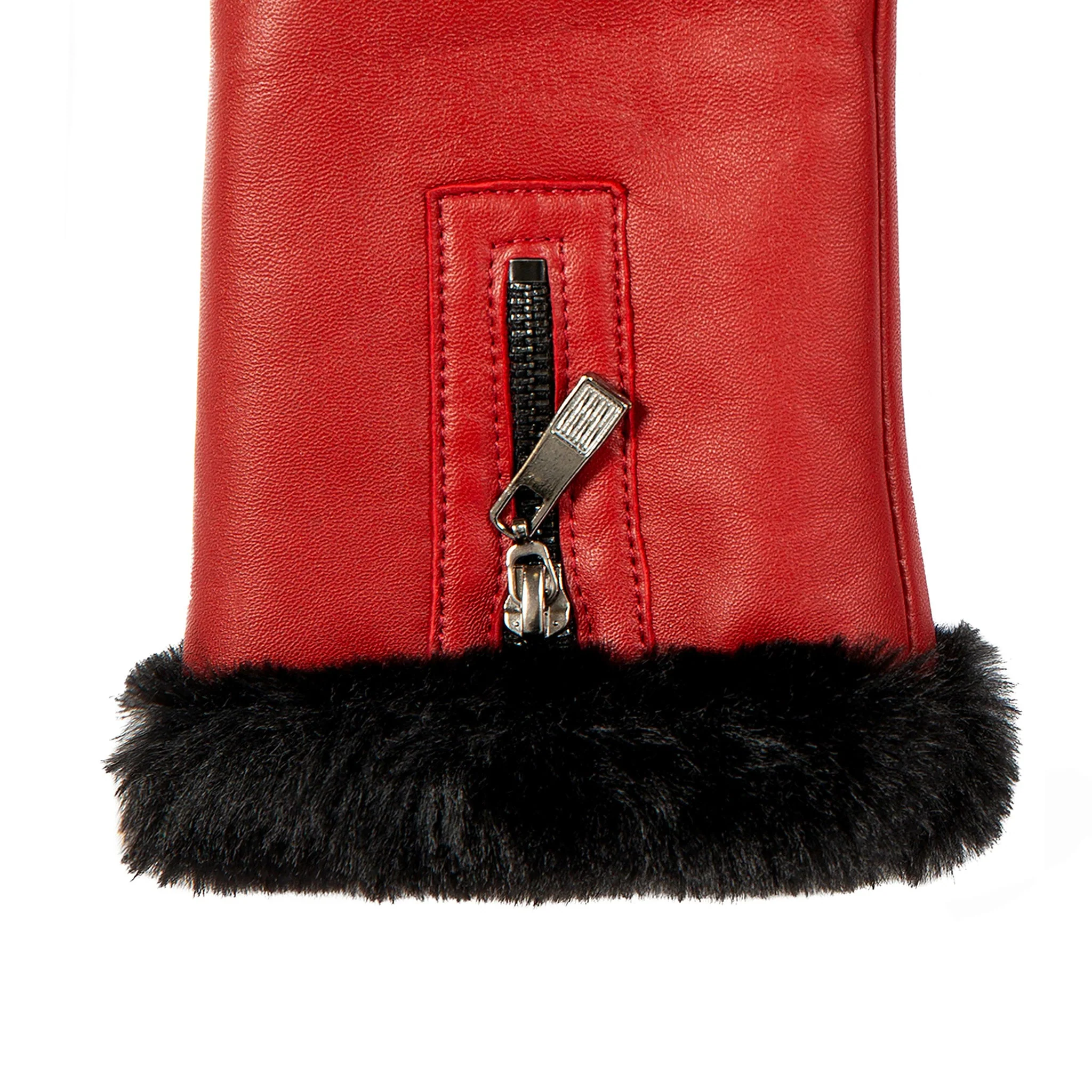 Women’s Touchscreen Faux Fur-Lined Leather Gloves with Zip - Image 6