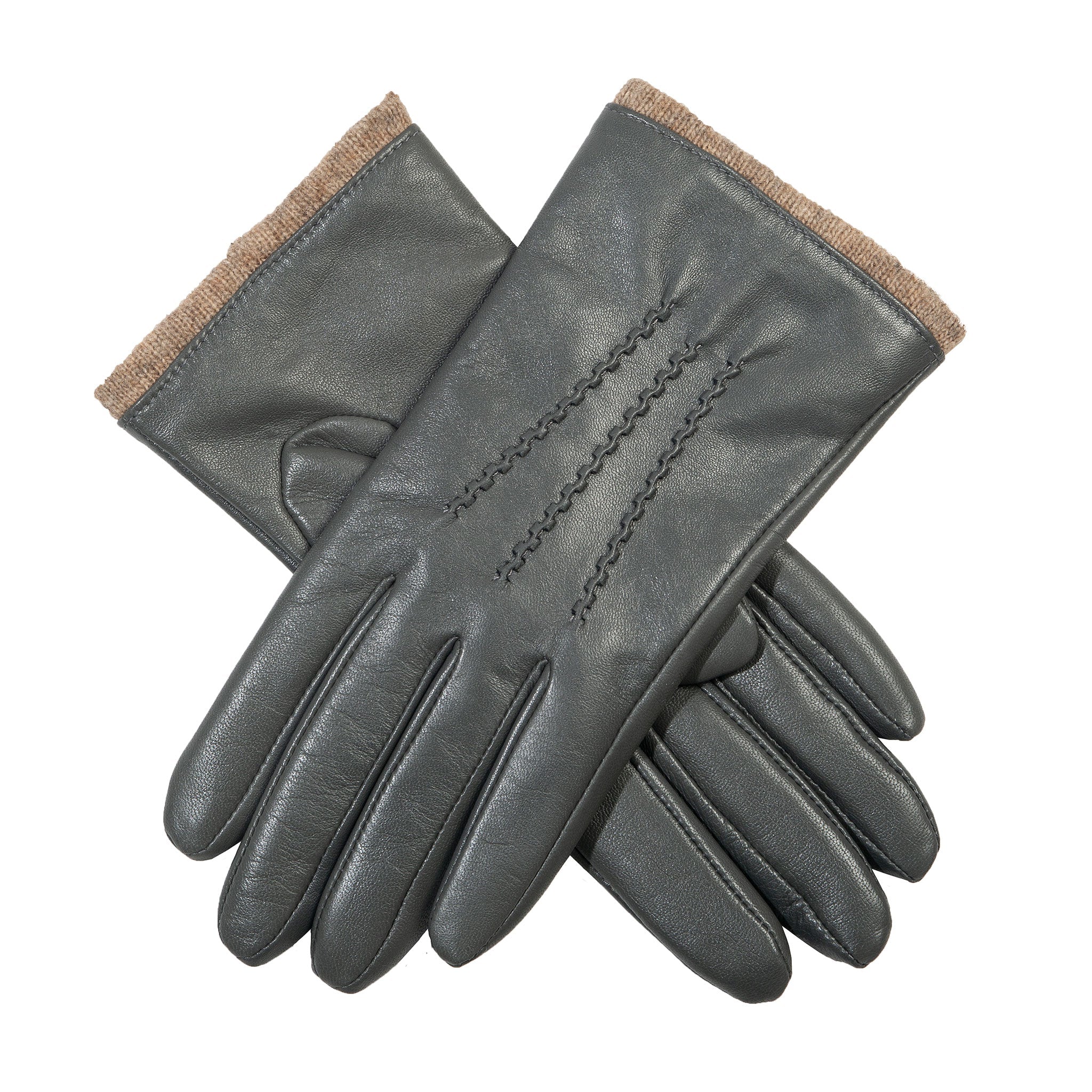 Women’s Three-Point Wool Blend-Lined Leather Gloves with Knitted Cuffs