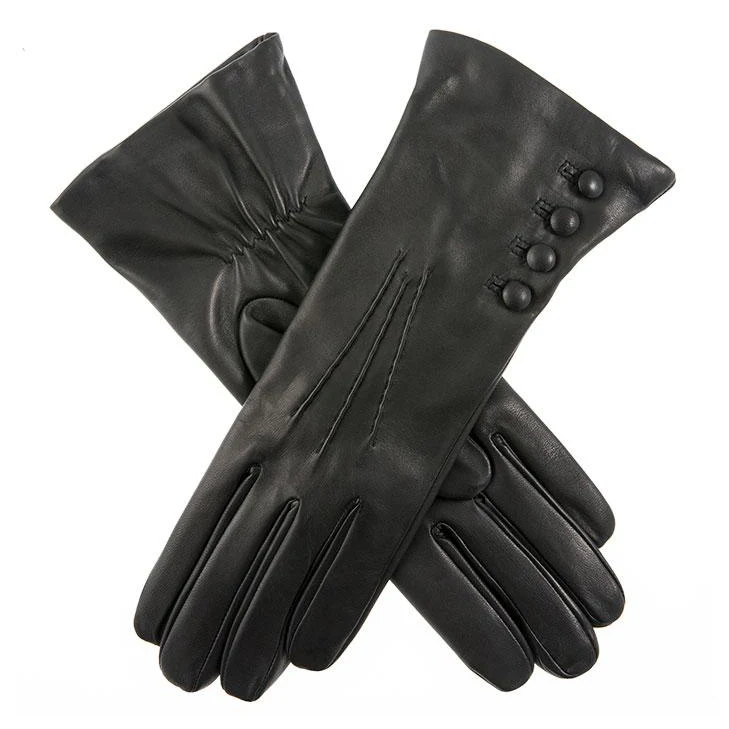 Women's Three-Point Cashmere-Lined Leather Gloves with Buttons