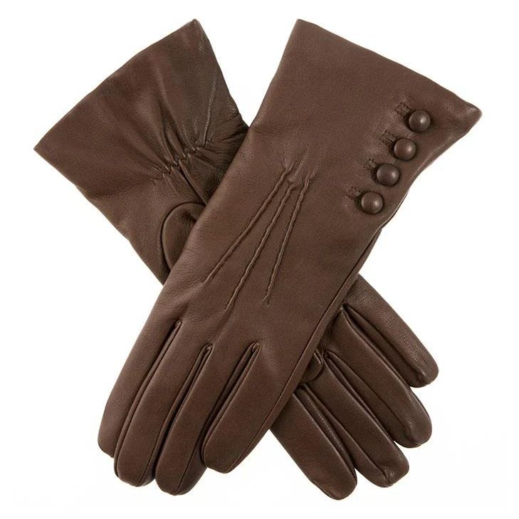 Women's Three-Point Cashmere-Lined Leather Gloves with Buttons - Image 6