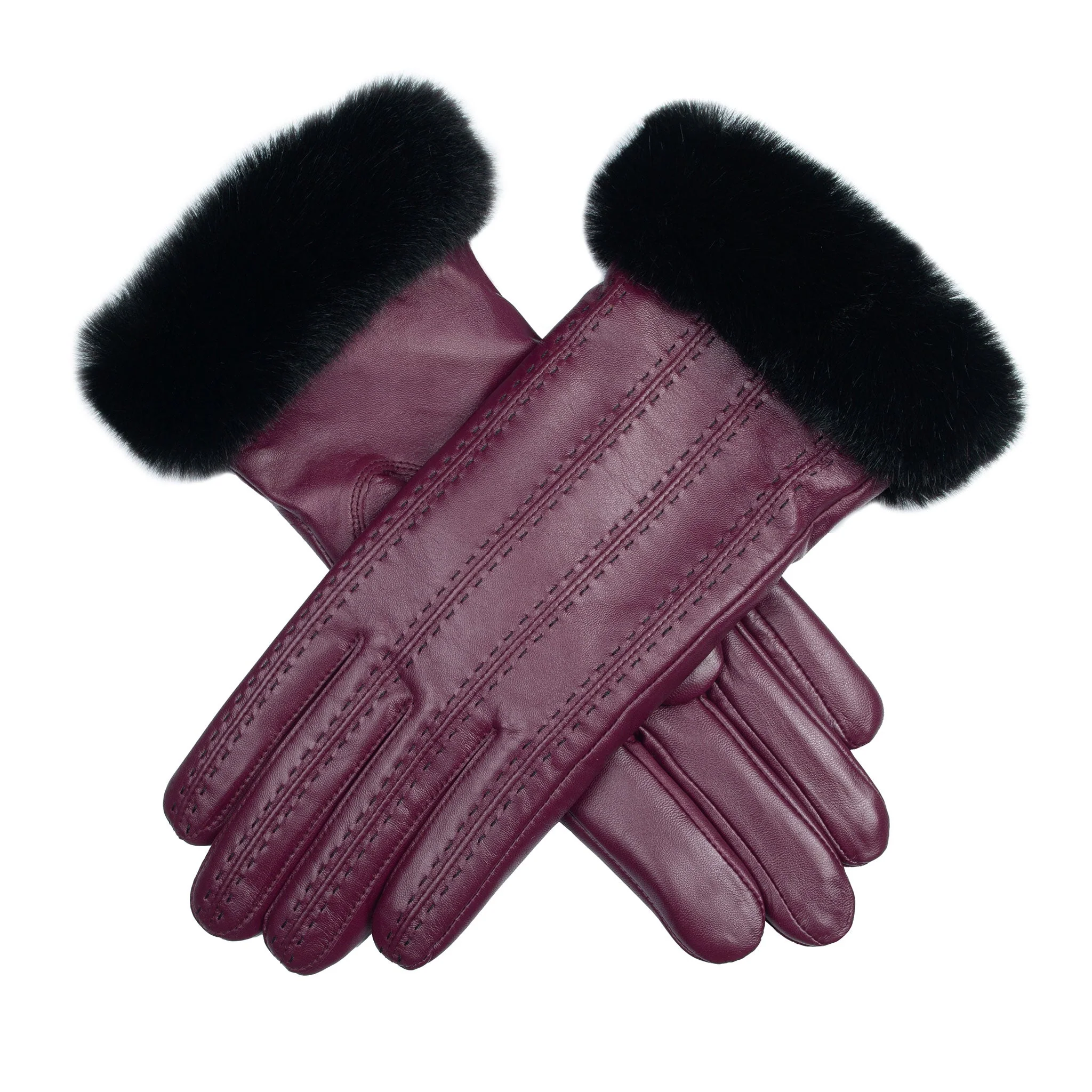 Women's Faux Fur-Lined Leather Gloves with Stitch Detail and Faux Fur Cuffs
