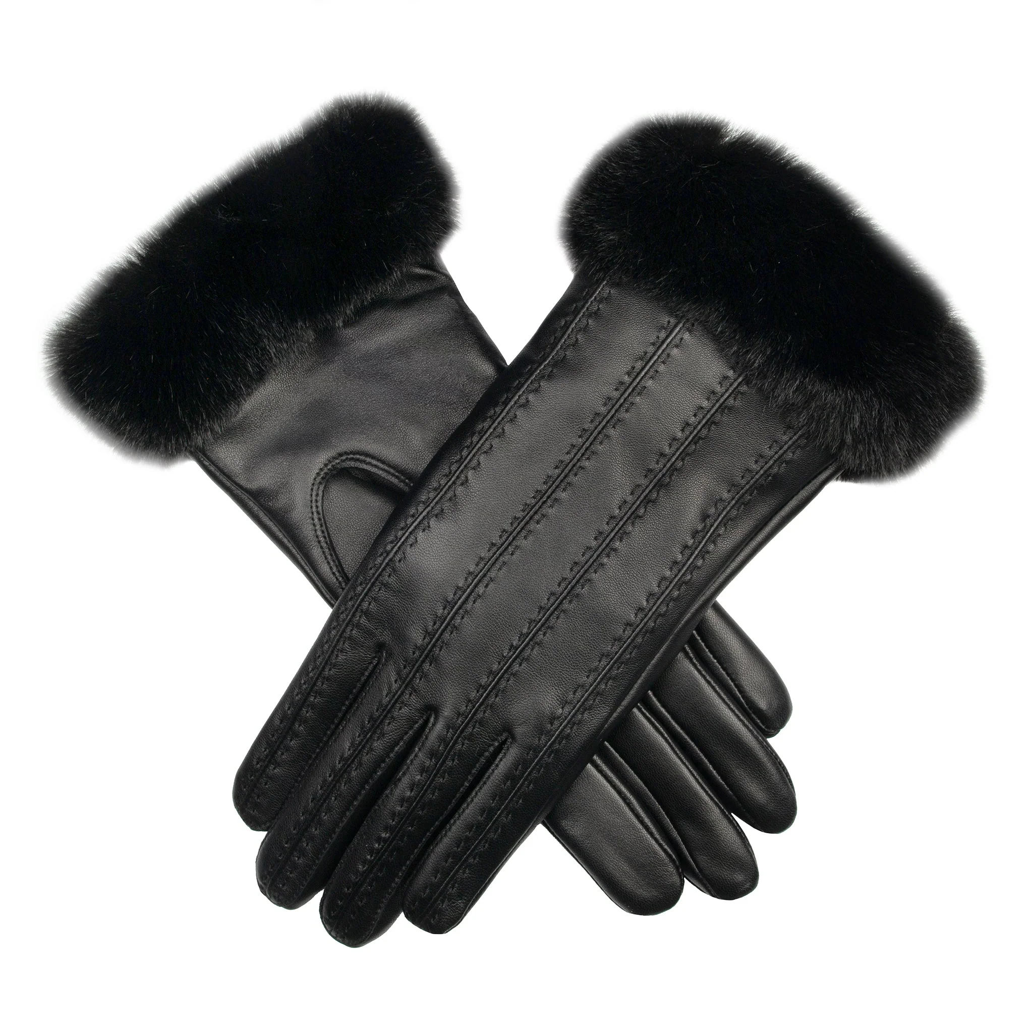 Women's Faux Fur-Lined Leather Gloves with Stitch Detail and Faux Fur Cuffs - Image 13