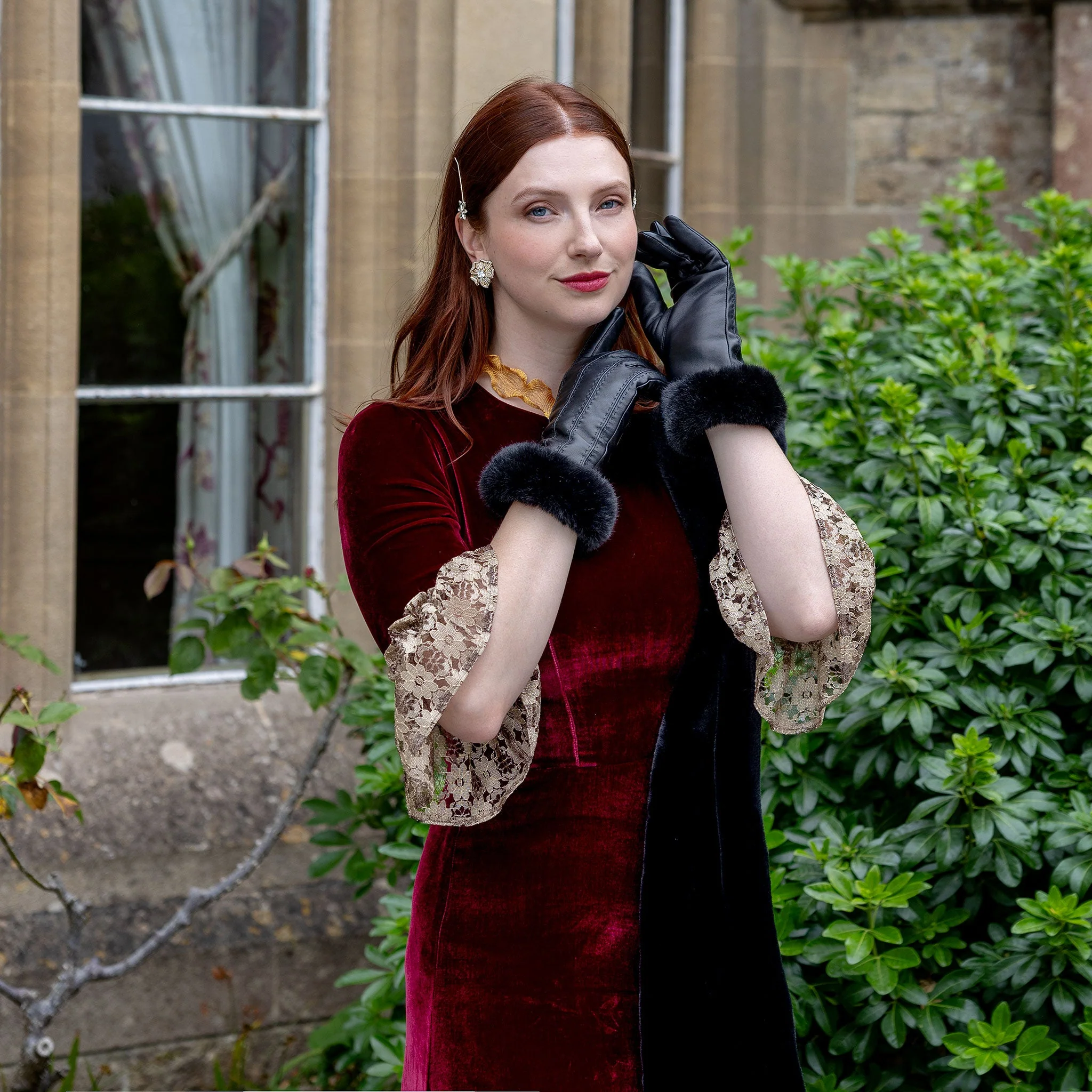 Women's Faux Fur-Lined Leather Gloves with Stitch Detail and Faux Fur Cuffs - Image 14