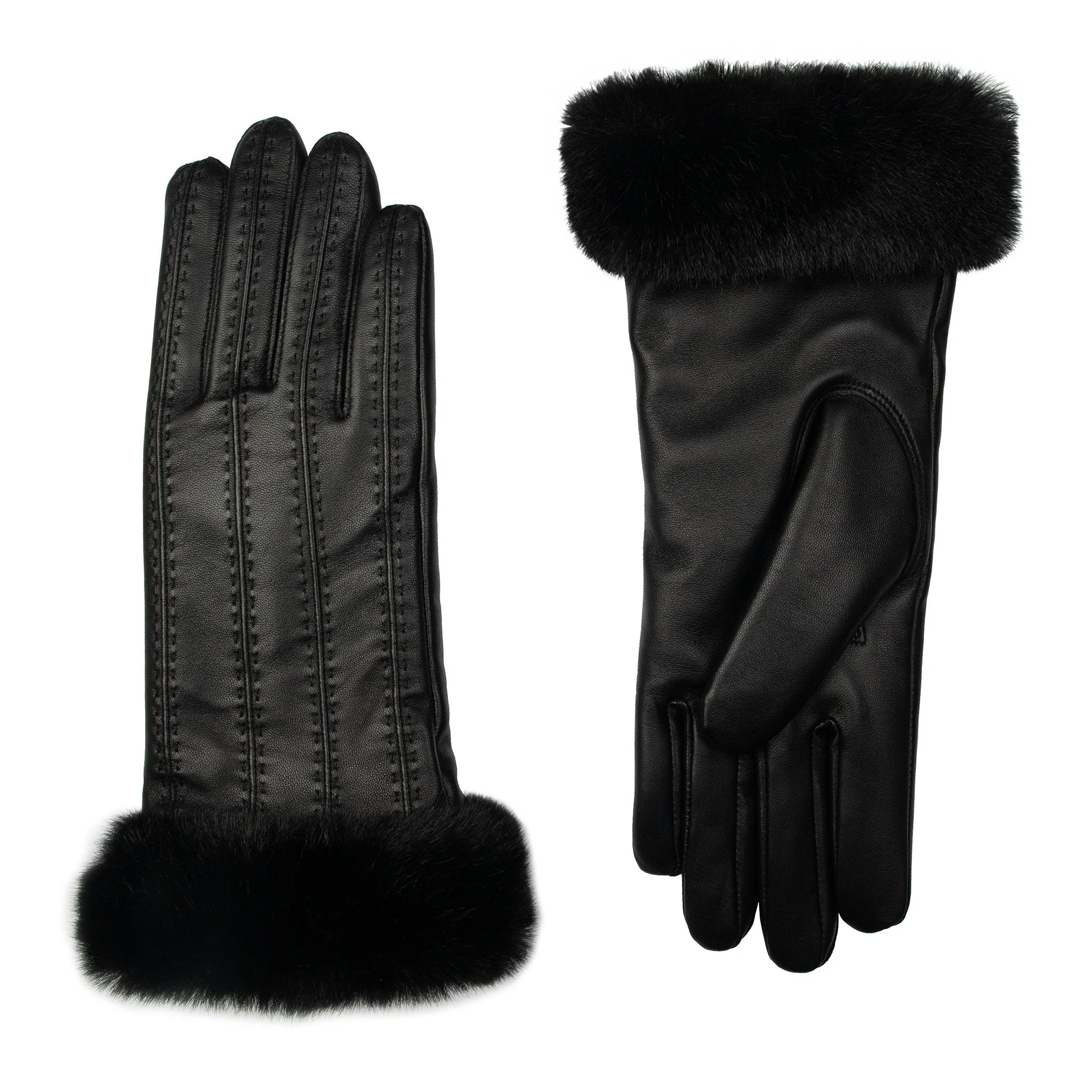 Women's Faux Fur-Lined Leather Gloves with Stitch Detail and Faux Fur Cuffs - Image 15