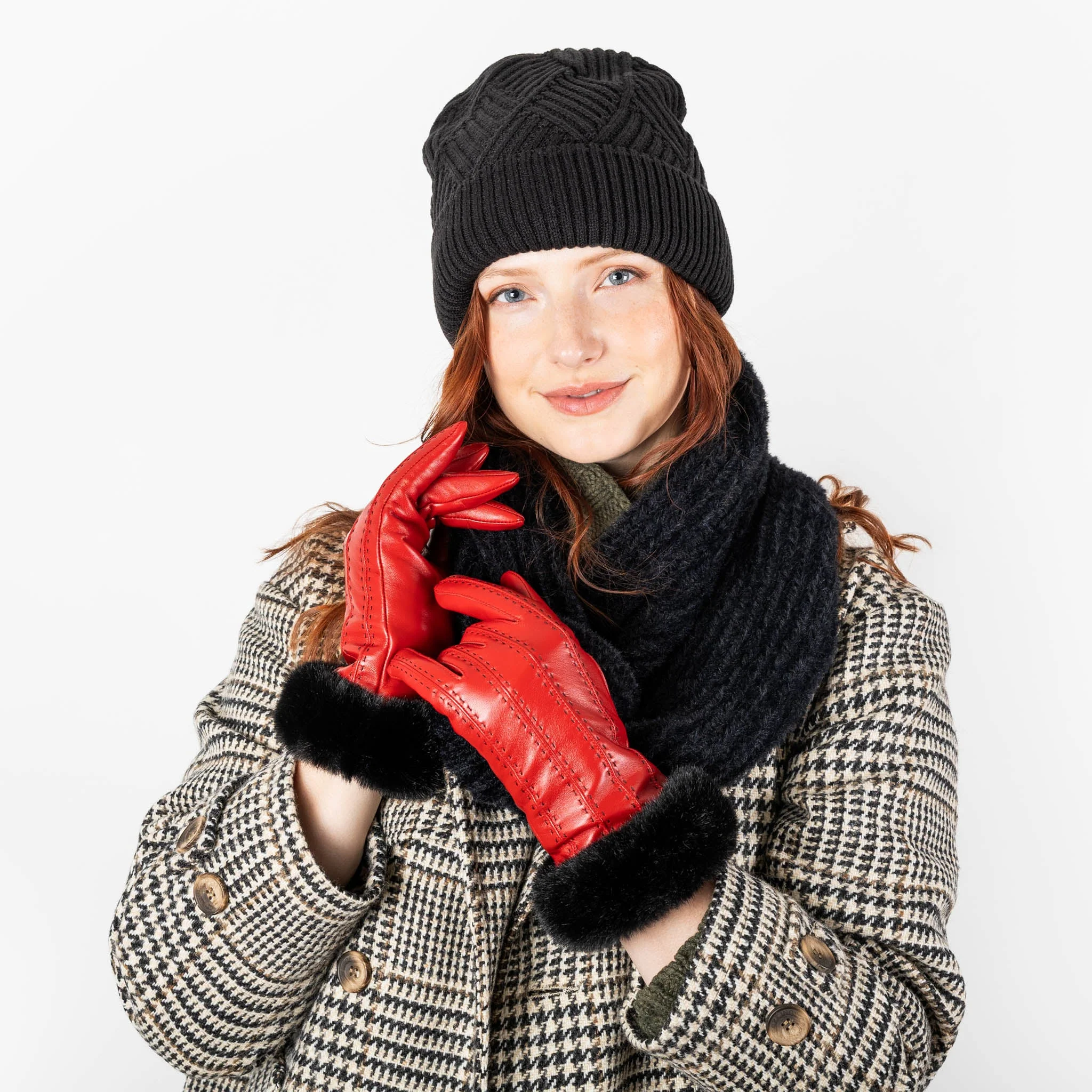 Women's Faux Fur-Lined Leather Gloves with Stitch Detail and Faux Fur Cuffs - Image 26