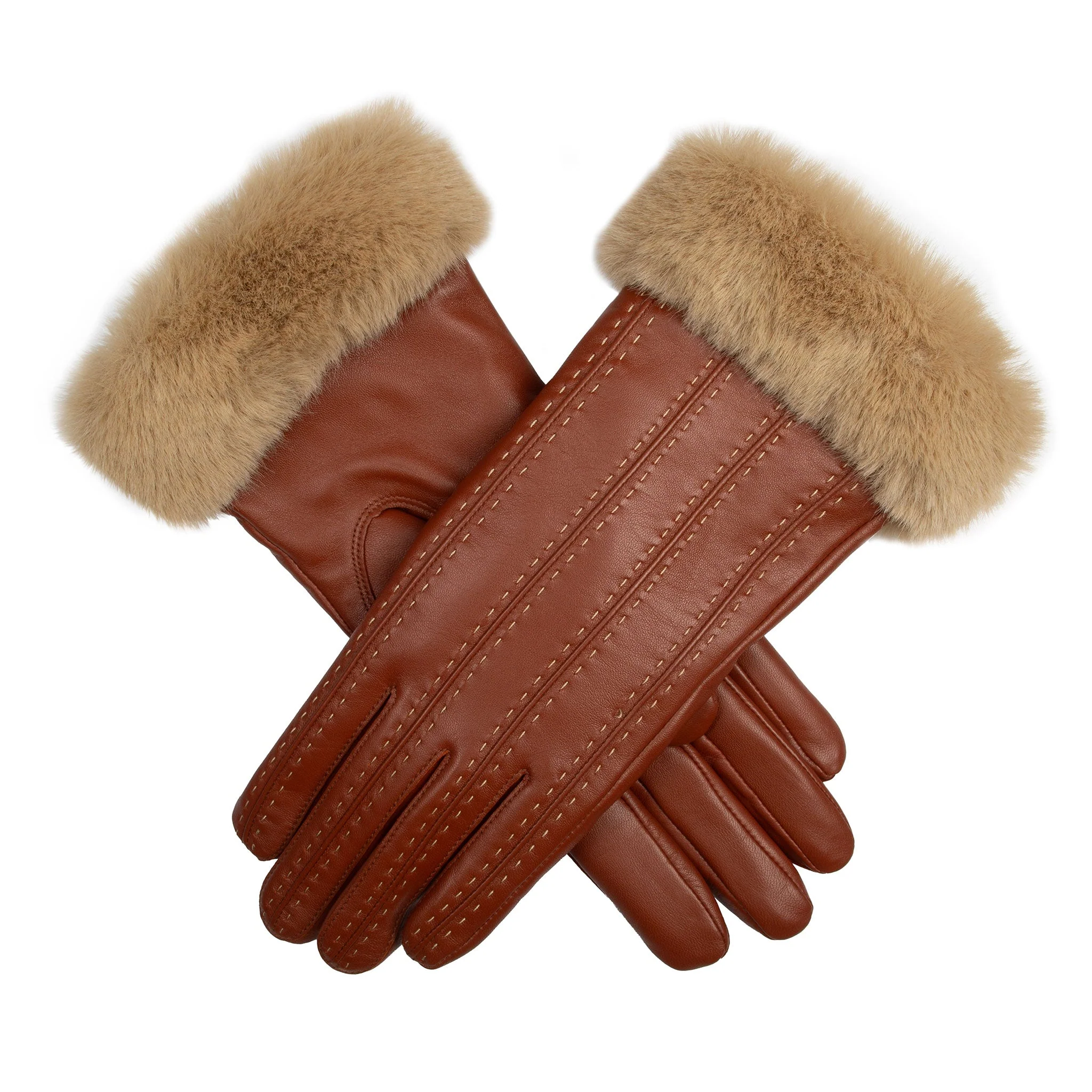 Women's Faux Fur-Lined Leather Gloves with Stitch Detail and Faux Fur Cuffs - Image 36