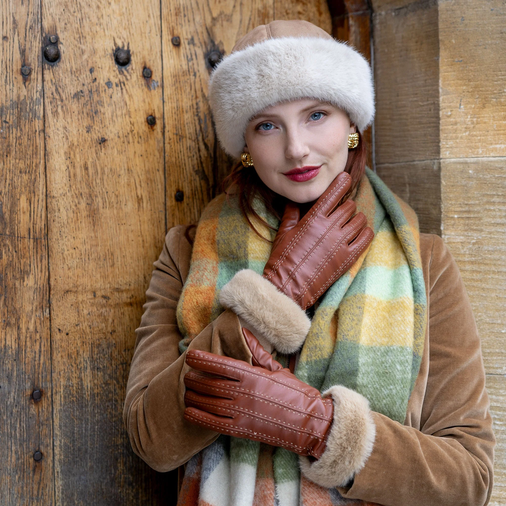 Women's Faux Fur-Lined Leather Gloves with Stitch Detail and Faux Fur Cuffs - Image 37
