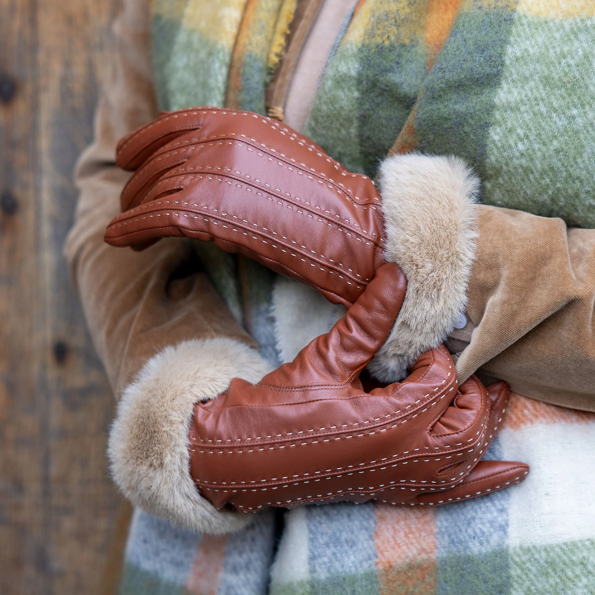 Women's Faux Fur-Lined Leather Gloves with Stitch Detail and Faux Fur Cuffs - Image 38