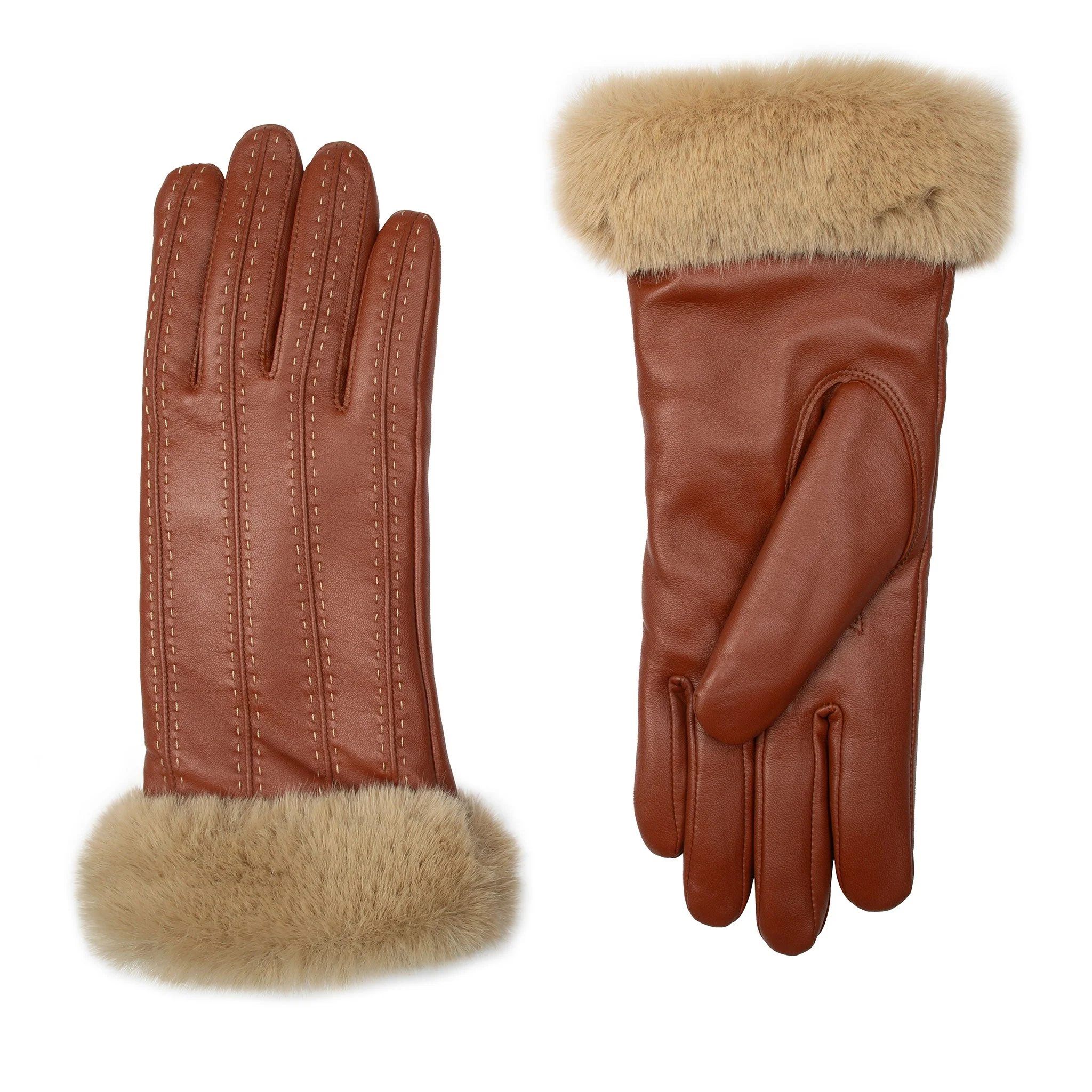 Women's Faux Fur-Lined Leather Gloves with Stitch Detail and Faux Fur Cuffs - Image 39
